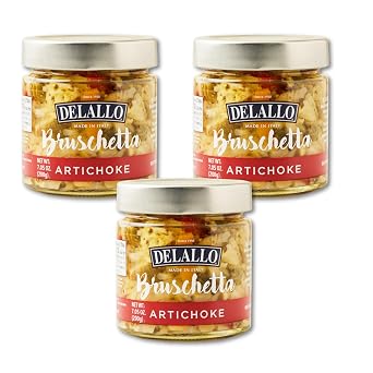 DeLallo Artichoke Bruschetta, Gourmet Condiment Spread Made in Italy, Sweet Earthy Flavor, Made with Extra Virgin Olive Oil, Non-GMO, Vegan, Gluten Free, 7.05 oz Jar, 3 Pack