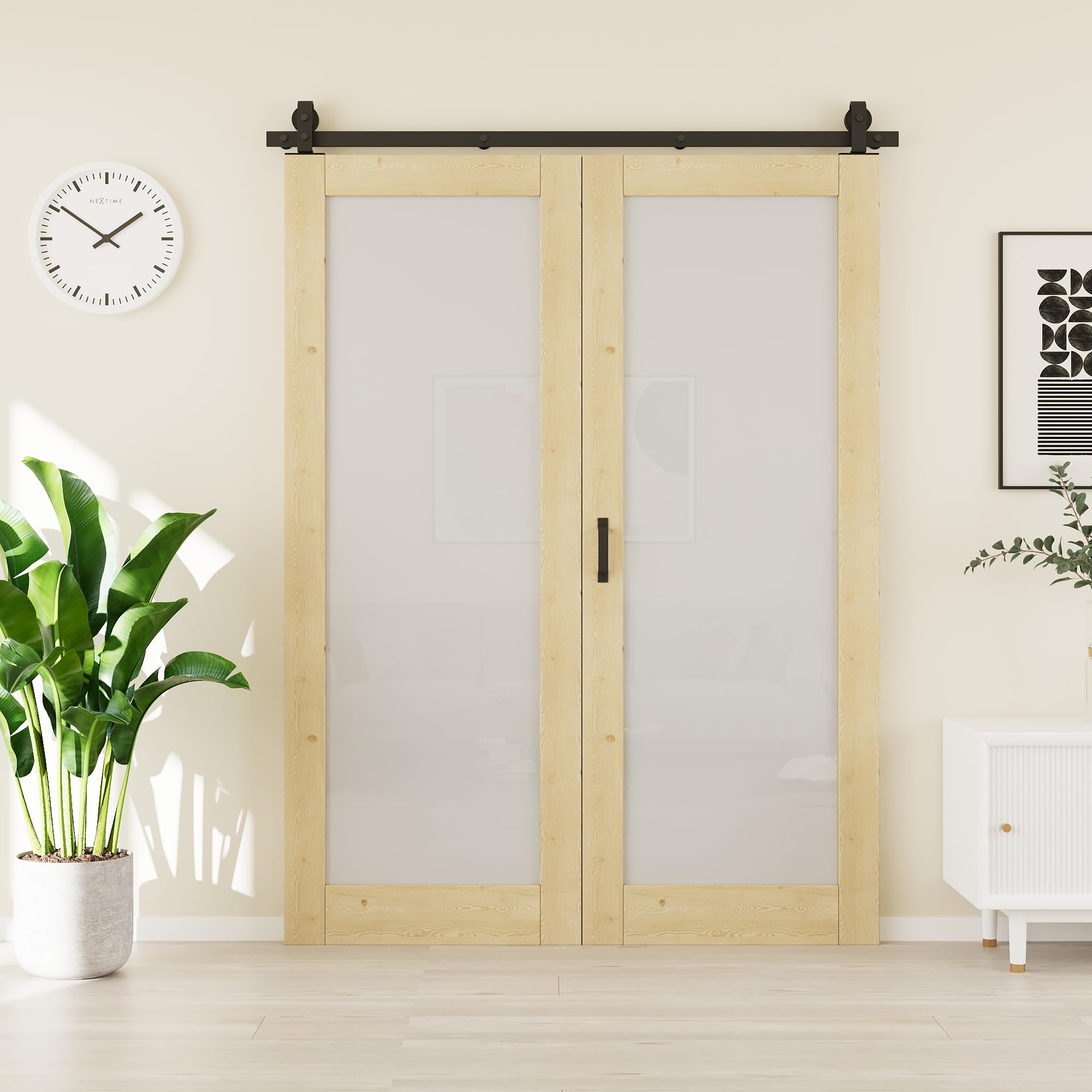 56"(28" x 2) x 80" 1-Lite Tempered Frosted Glass Bifold Barn Door