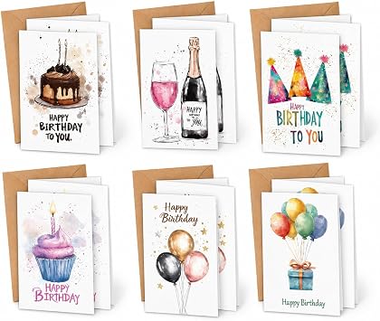 Birthday Cards Pack of 12 with Envelopes, Blank Greeting Cards