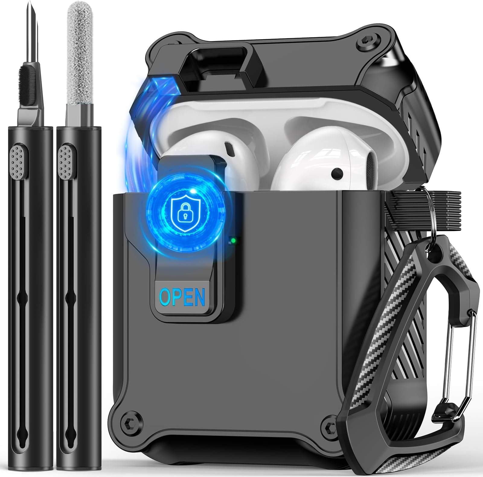for Airpods 2nd and 1st Generation Case,Automatic Snap Switch Design with Secure Lock Clip,Full Body Shockproof Hard Cover Case with Cleaning Tool & Keychain