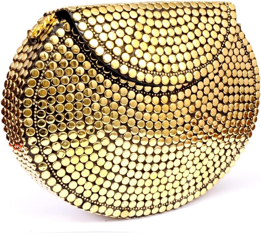 Shakuntala Vintage Clutch - Metal Mosaic Stone & Shell Design Purse - Handmade Women's Handbag