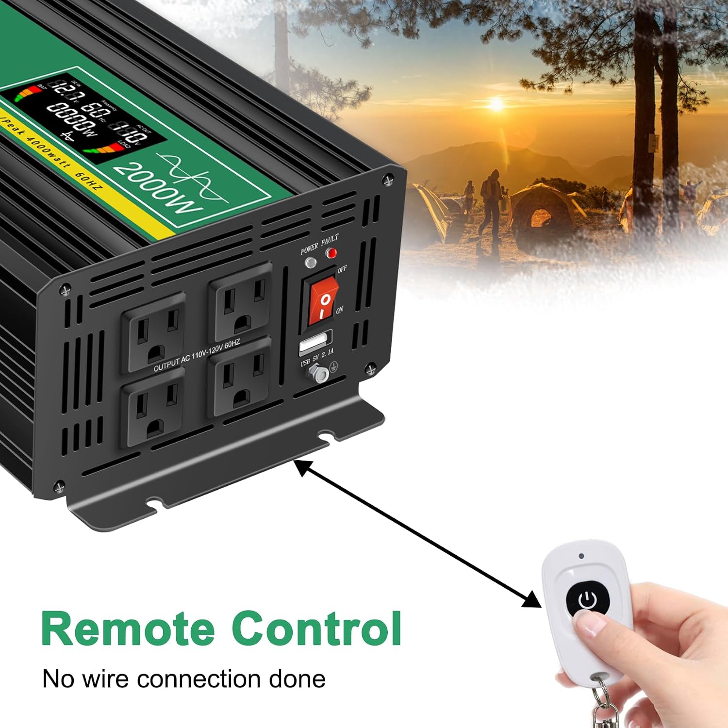 Hand holding the JIGUUN Power Inverter remote control, pointing towards the inverter.