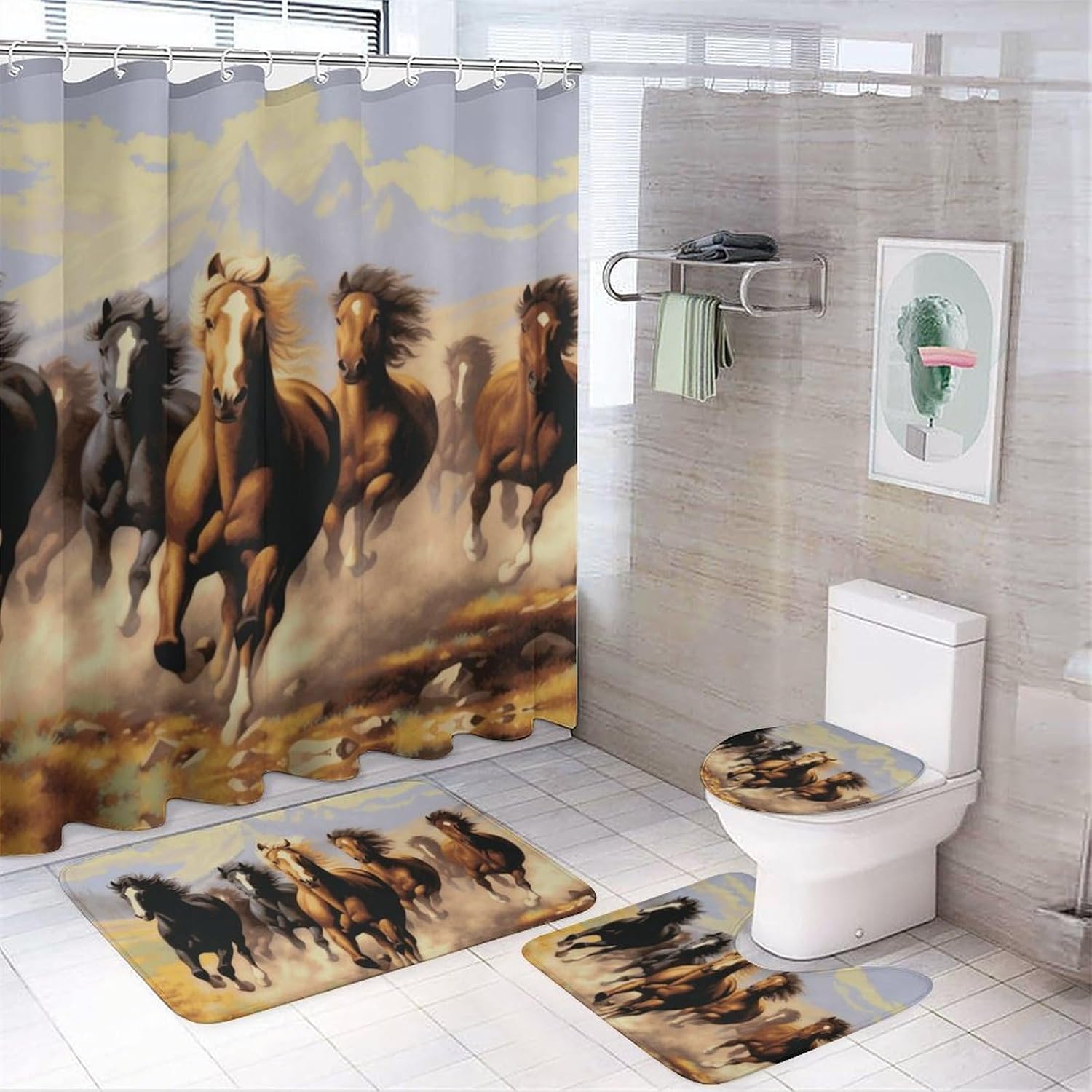 Western Galloping Horse 4 Pcs Bathroom Shower Curtain Set,Bathroom Sets with Rugs (Bath Mat,U Shape and Toilet Lid Cover Mat), Bathroom Decor Set