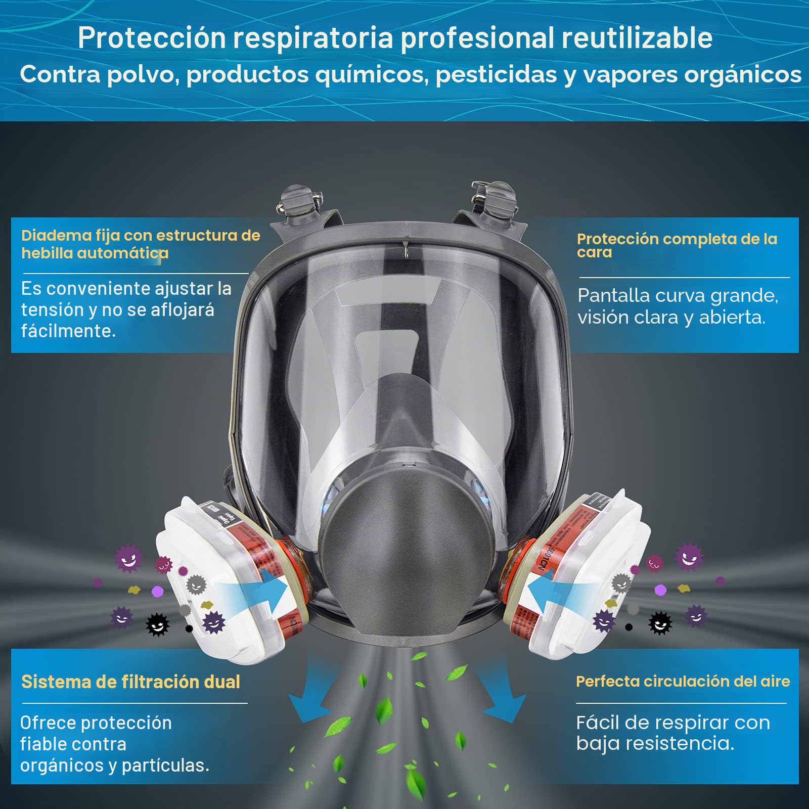 Mascarilla de volumen reutilizable con filtro para protección contra vapores y partículas Mascarilla antigás Mascarilla antipolvo para pinturas, barnices, trabajos de carpintería, agricultura