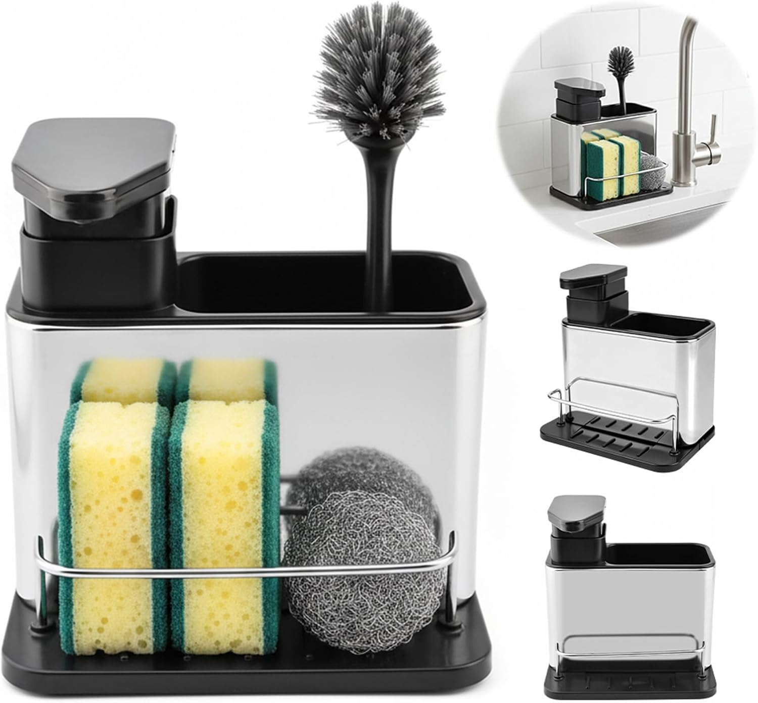 3-in-1 Sink Organizer with Soap Pump - Dish Soap Dispenser & Sponge Holder, Stainless Steel Kitchen Caddy, Fingerprint-Resistant Anti-Rust Sink Tray