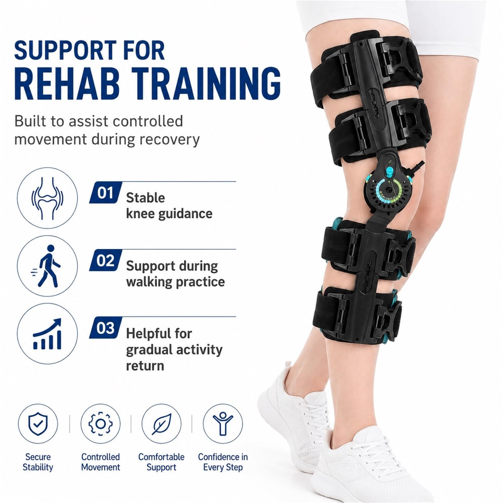 Rodillera Articulada ROM con Estabilizadores Laterales Soporte de Rodilla Ajustable Postoperatorio para Lesiones de Menisco ACL MCL PCL Ortopedia Médica para Hombre y Mujer