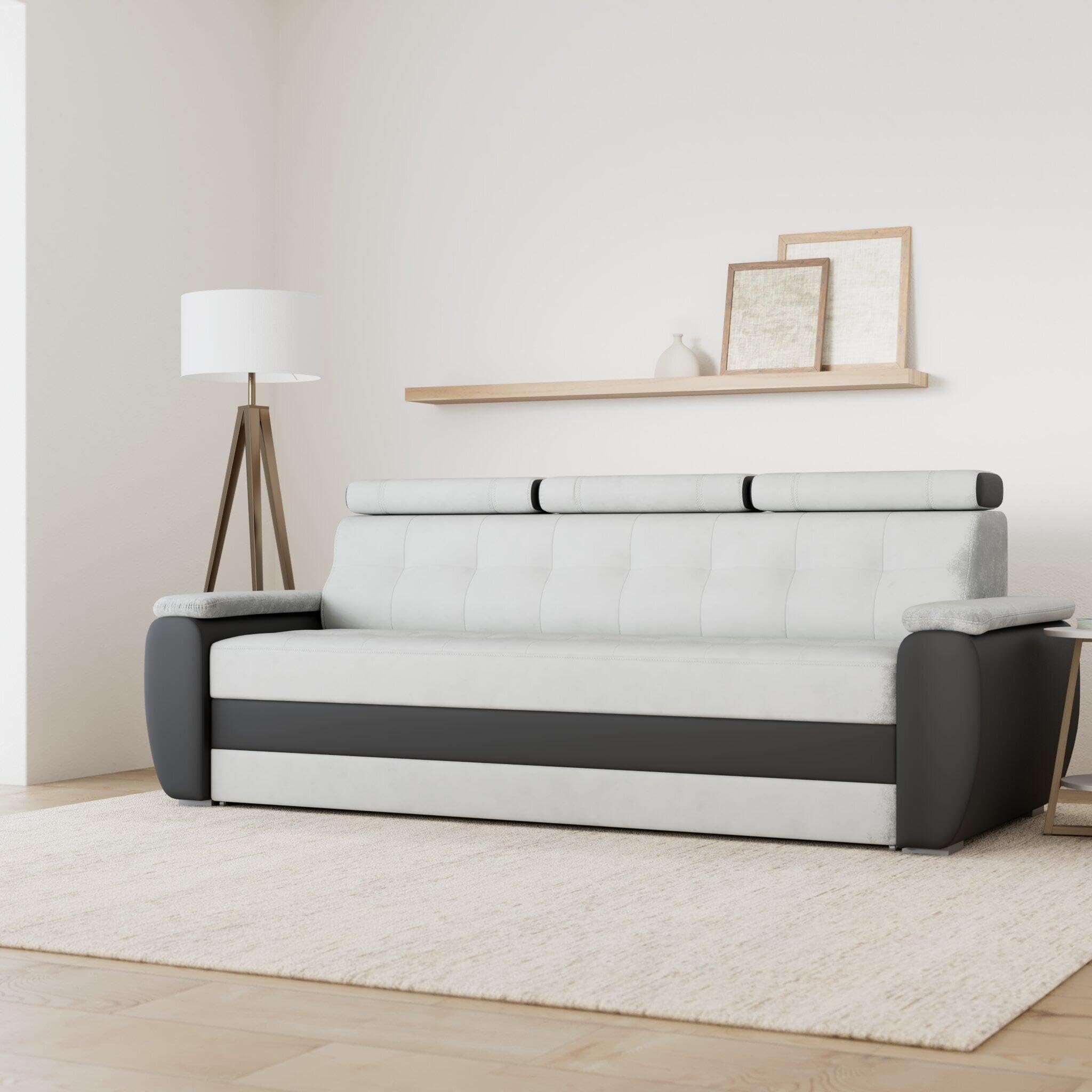 Robin Diana sofa z funkcją spania, ze skrzynią na pościel i poduszkami, wolnostojąca kanapa, tapicerowana sofa (jasnoszary/czarny)