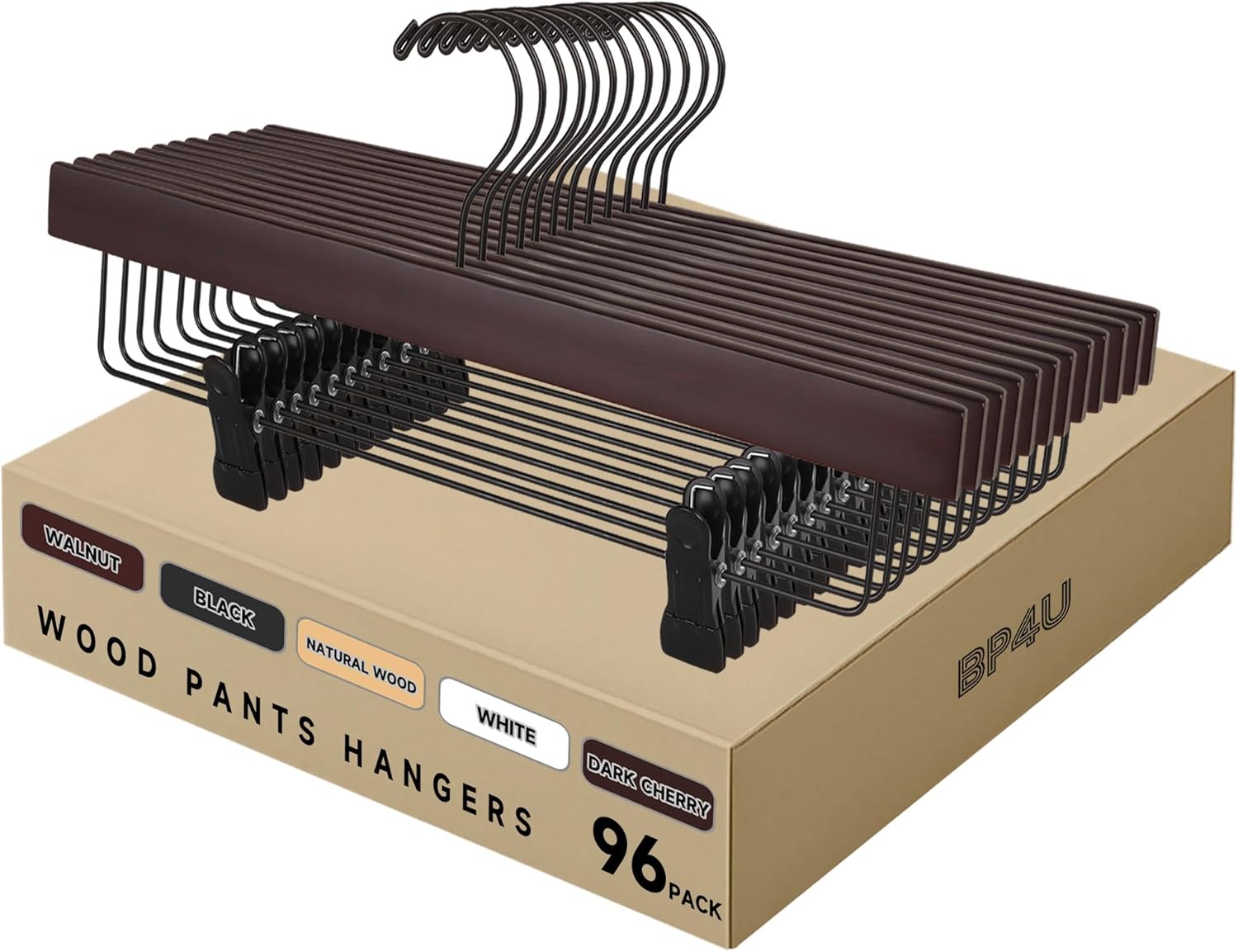 96-Pack Premium Wooden Pants Hangers, Solid Wood Skirt Hangers with Adjustable Non-Slip Clips, Wrinkle-Free Space Saving Bottom Hangers for Skirts, Slacks, Shorts, Trousers, Jeans(Dark Cherry)