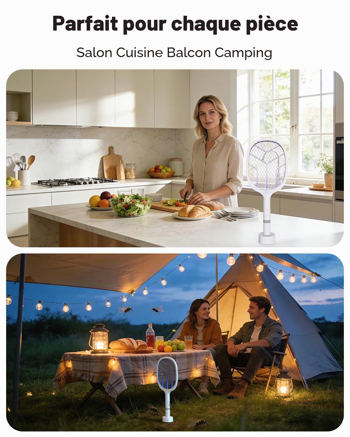 Raquette Électrique Insectes 4800V Anti Moustique 2 en 1 avec Lumière UV Rechargeable USB-C 2000mAh