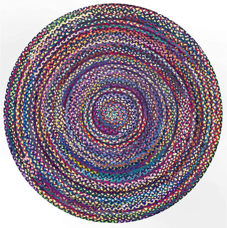 Tapis rond en coton tissé à la main, durable et respectueux des animaux domestiques pour salon, salle à manger et chambre à coucher 1,2 m Bleu