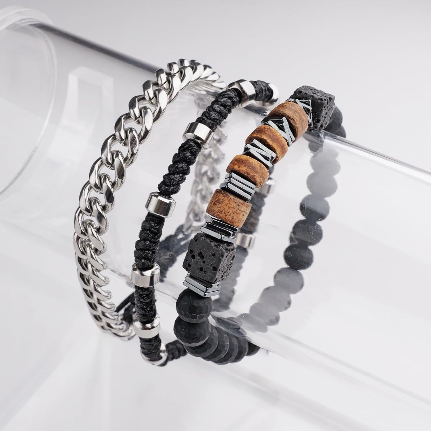 3pc Mens Beaded Bracelets Silver Stainless Steel Chain Bracelet for Men Handmade Braided Bracelet Sets Jewelry Gifts for Men - Image 7