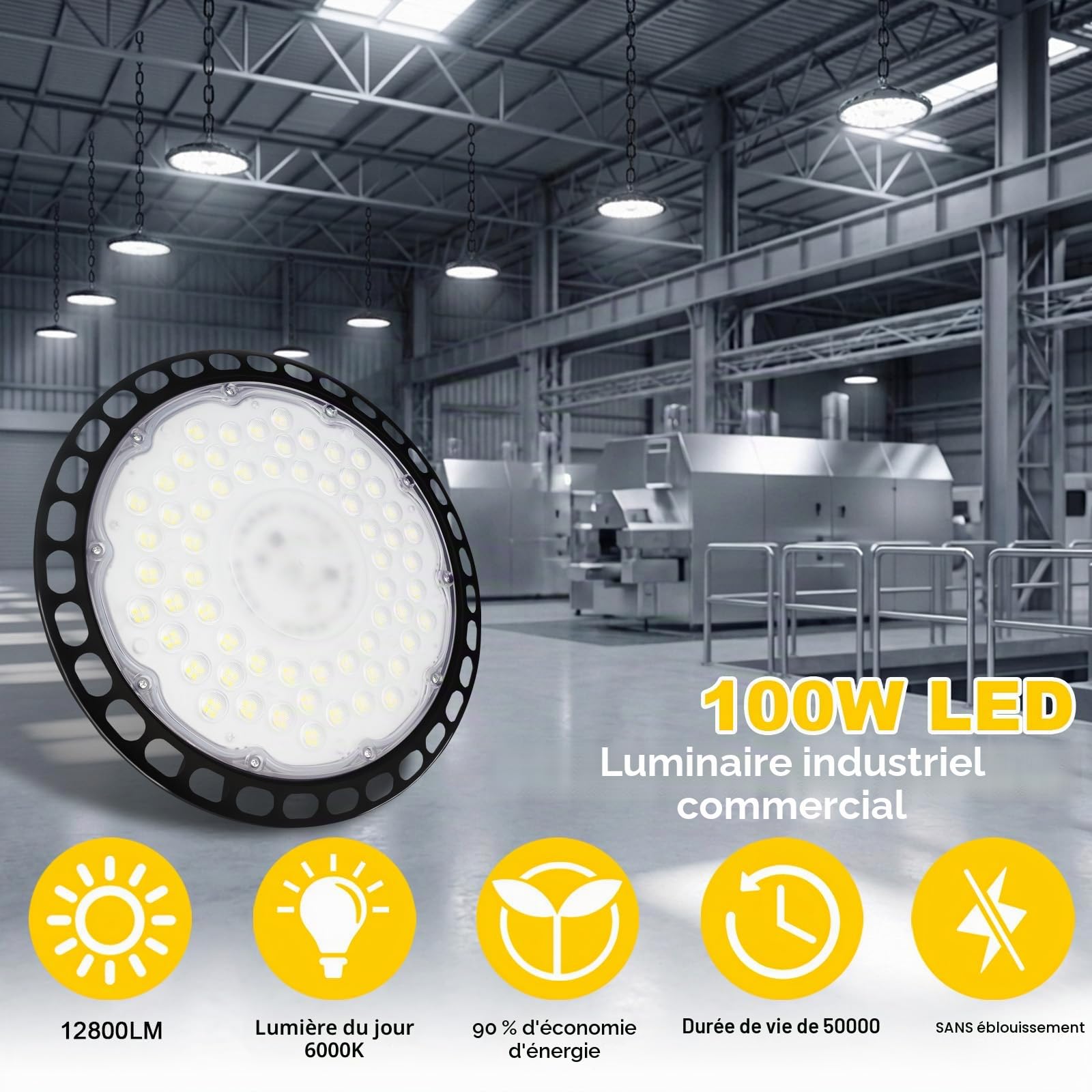 Projecteur LED Industriel 100W, 12800LM UFO Eclairage Plafonnier LED Garage avec Chaine, 6000K Projecteur Intérieur, IP66 Étanche Éclairage de Plafond pour Garage Atelier Usine 4 Pièces