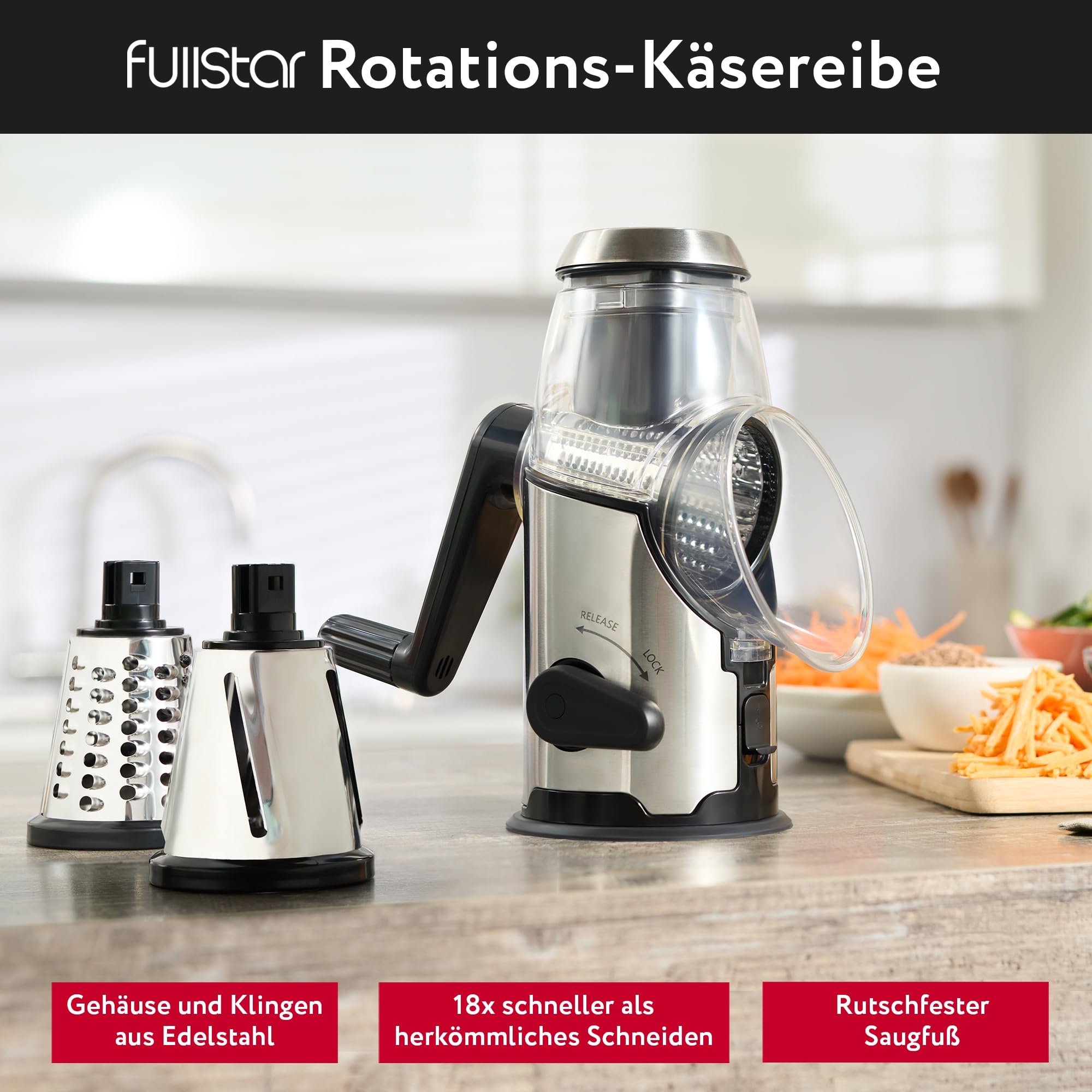 Rotary Käsereibe mit Kurbel - Schnelles und Einfaches Schneiden Edelstahl Gemüsehobel mit 3 austauschbare Trommelklingen - Rutschfeste Basis - Küchenreibe für Gemüse Käse Nüsse Karotten Kartoffeln
