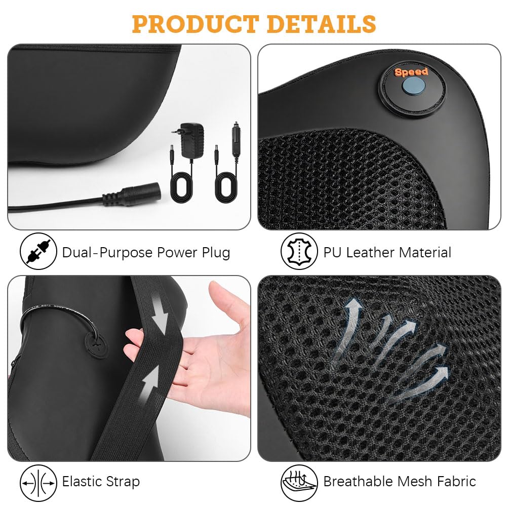 Coussin Massage Shiatsu, Rotation Bidirectionnelle Appareil de Massage avec 4 Nœuds et 3 Vitesses Réglable, Masseur Dos chauffrant, Massage pour Cou, Pieds, Cervical, Corps, Idéal Cadeau de Noël