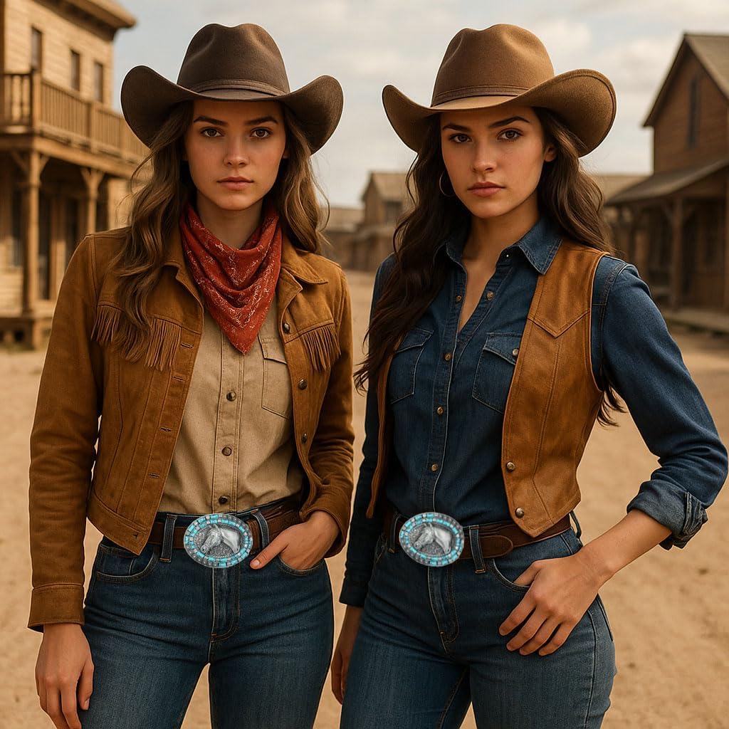 Superkred Western Cowboy Belt Buckle for Women - Turquoise Cowboy Horse Belts Buckle for Woman Man, Silver Belt Buckles