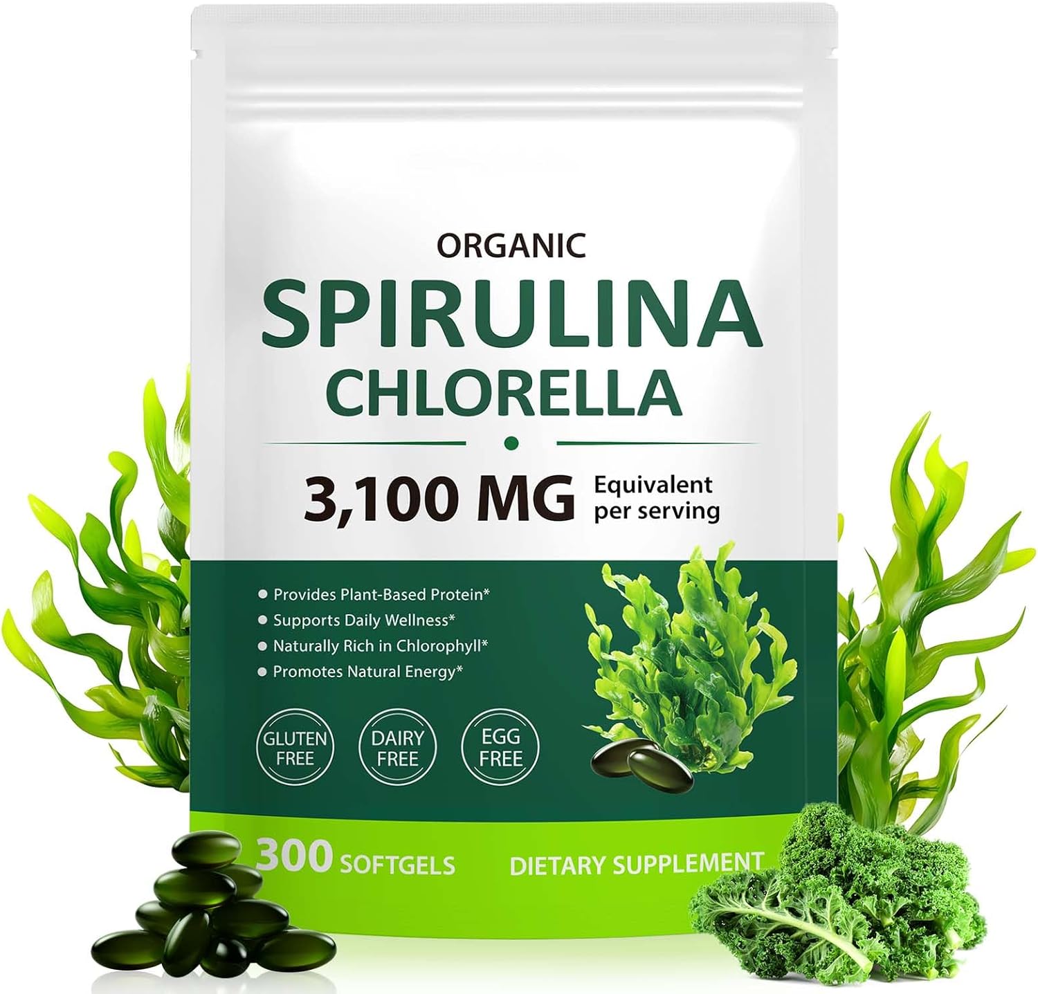 Organic Spirulina Capsules – 3100MG Per Serving, Spirulina Chlorella Powder Supplement, Green Algae Supplement Rich in Chlorophyll, Vegan & High Protein Non GMO, 300 Capsules