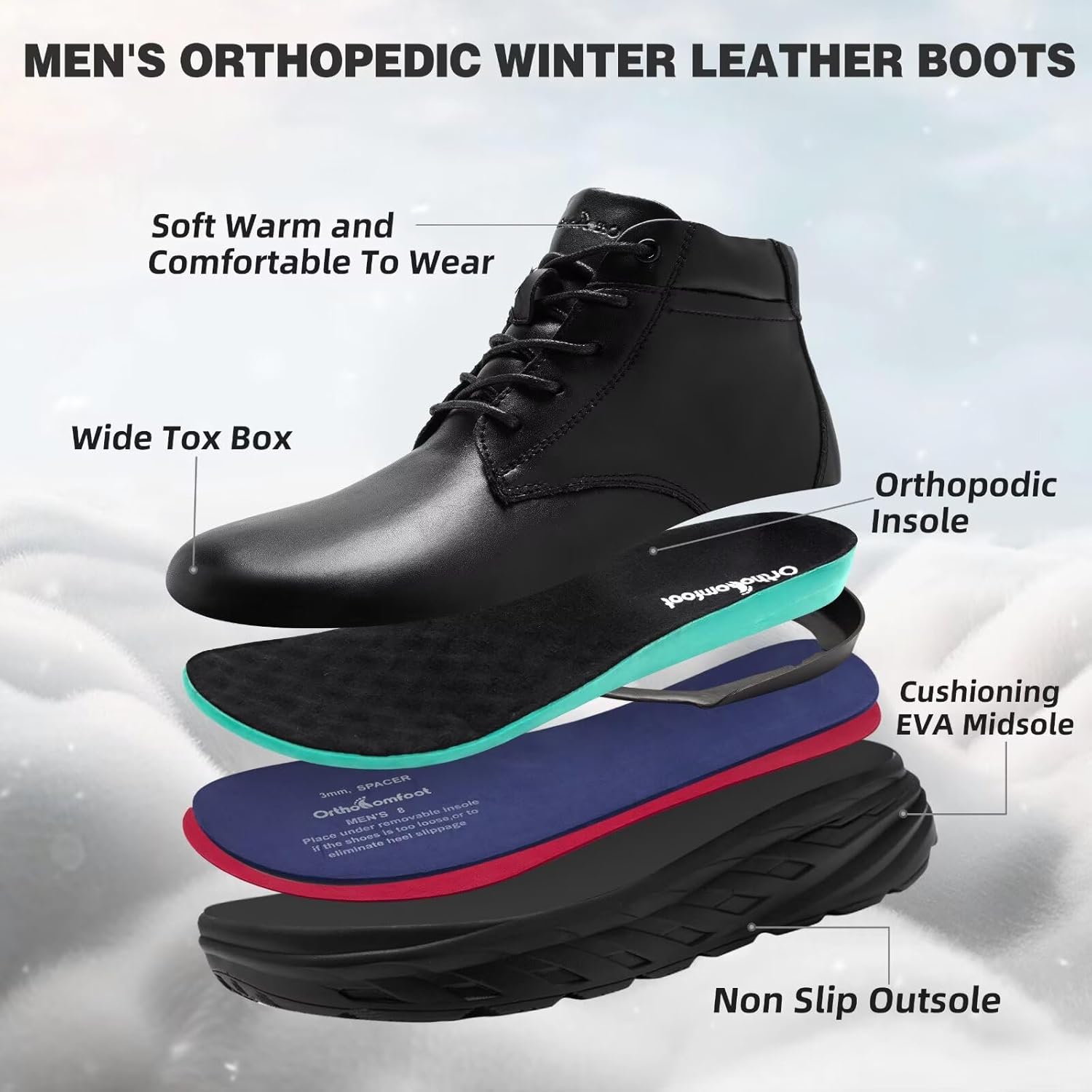 Men's Orthopedic Diabetic Winter Boots: Comfortable Wide Toe Box Warm Arch Support Plantar Fasciitis Leather Dress Oxfords Shoes, Casual Walking Snow Ankle Mid Boots for Foot and Heel Pain Relief - Image 7