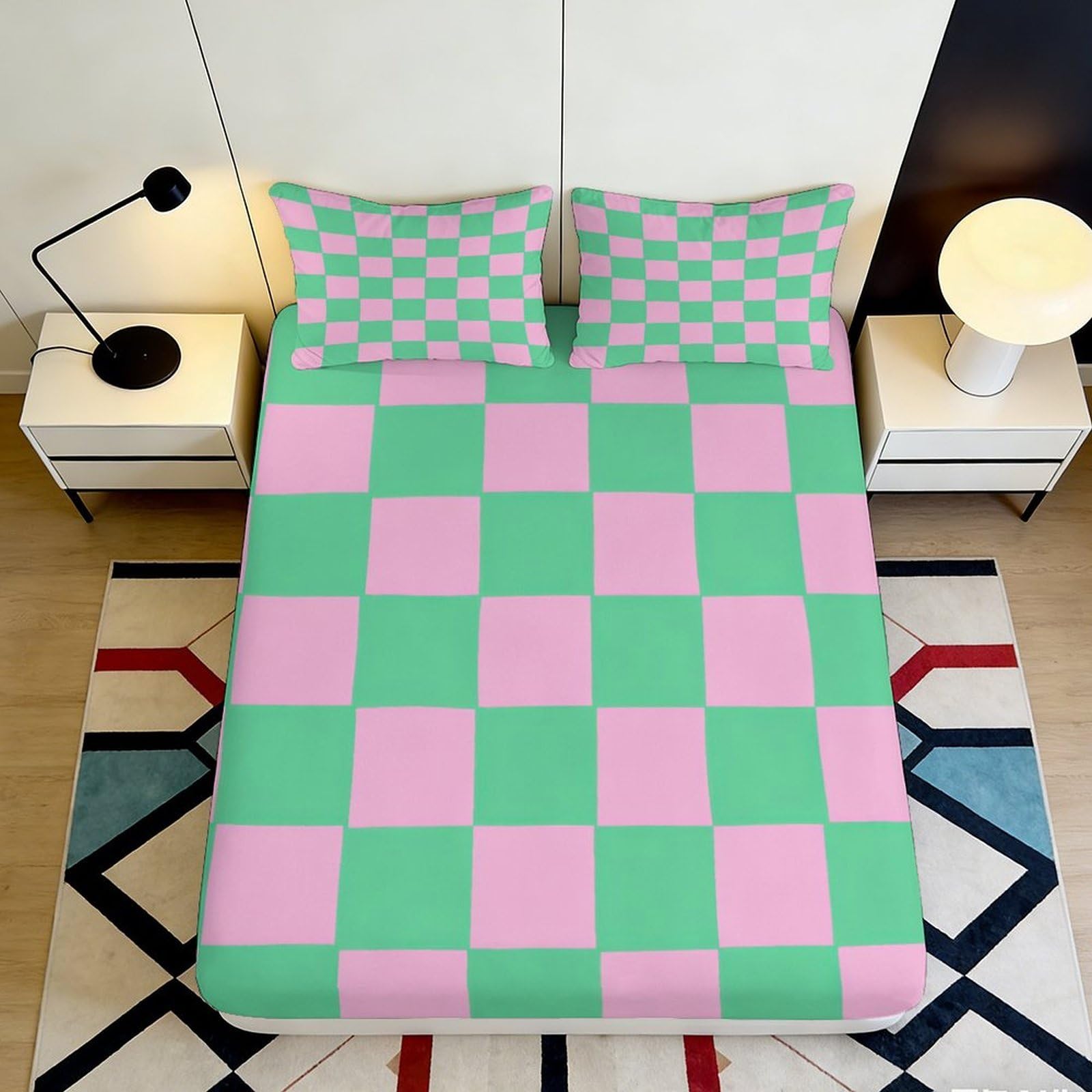 3D Printed Checkered Fitted Sheet Microfiber Deep Pocket Non-Slip Bedroom Bedding Green Pink Check Mattress Fitted Cover Washable 140x200x25cm