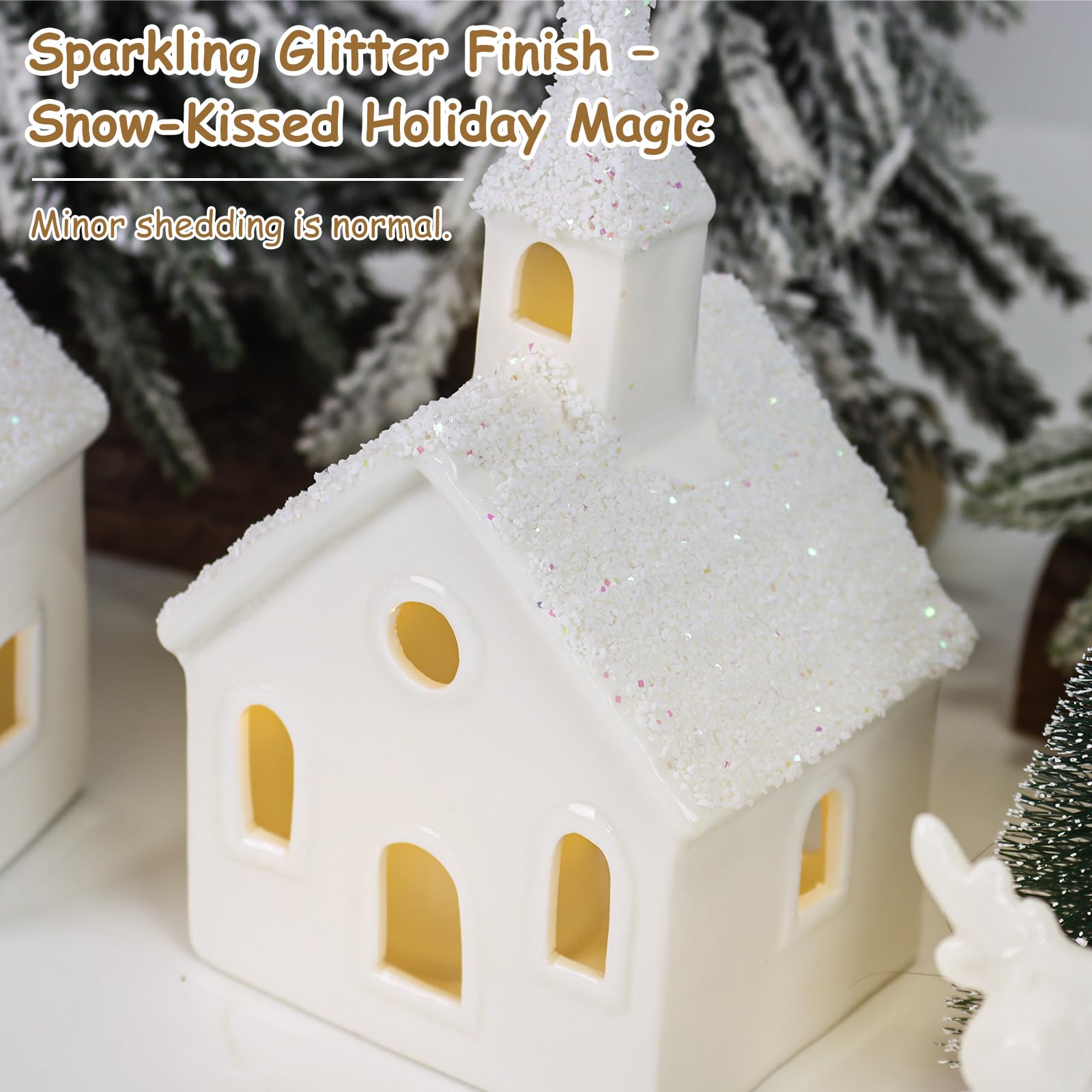 Weihnachtsdekorationen für den Innenbereich, 9-teiliges Weihnachtsdorf-Set mit 4 Fernbedienungen, beleuchteten Keramikhäusern, 2 Bäumen, 2 Hirschen und Weihnachtsmann, neutralweiß