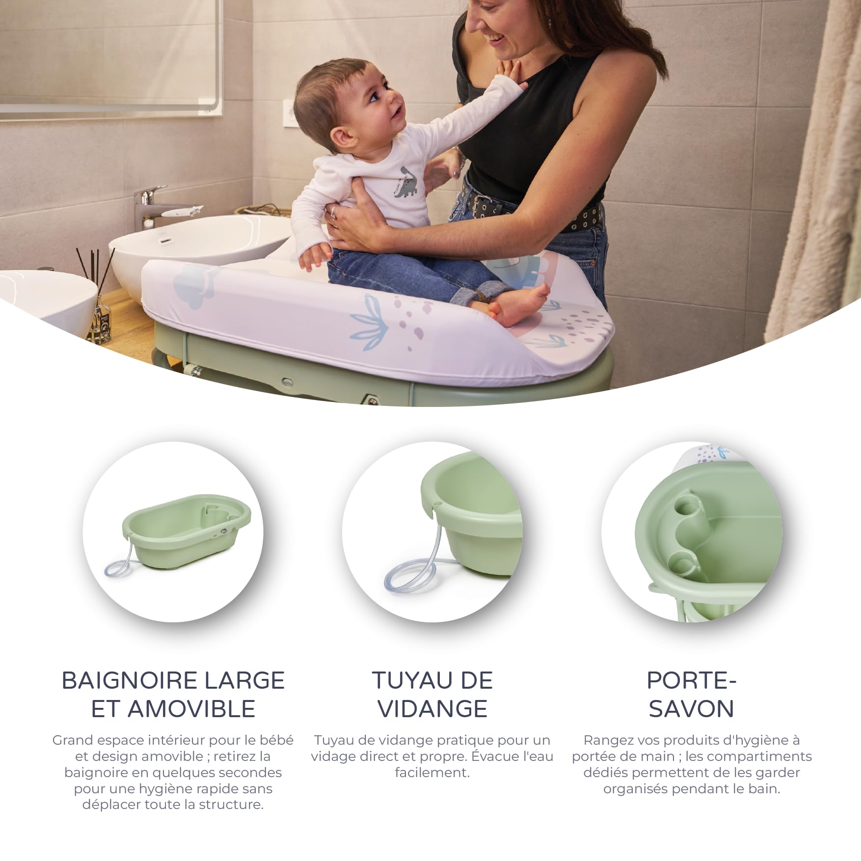 MS BabyWorld Bubble + Réducteur – Baignoire ergonomique pour bébé avec pieds et matelas à langer imperméable et rembourré | Fermeture compacte, organiseur, 4 roulettes avec freins (Vert/Blanc)