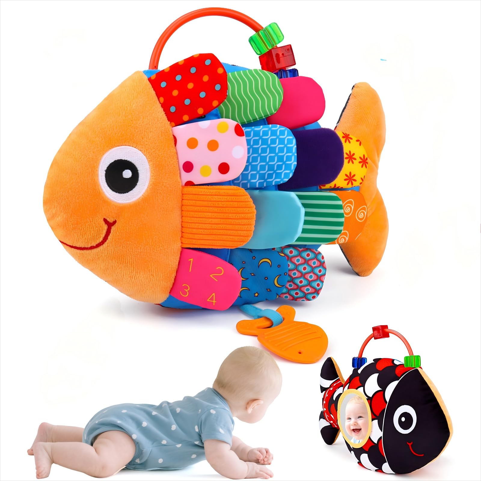 Baby Tummy Time Mirror Toys 0-6 Months Fish Toy for Newborn 3 4 5 6 Month Black and White High Contrast Sensory Infant Toys with Music Crinkle Rattle for 0-3 3-6 Months Old Baby Boy Girl Shower Gifts