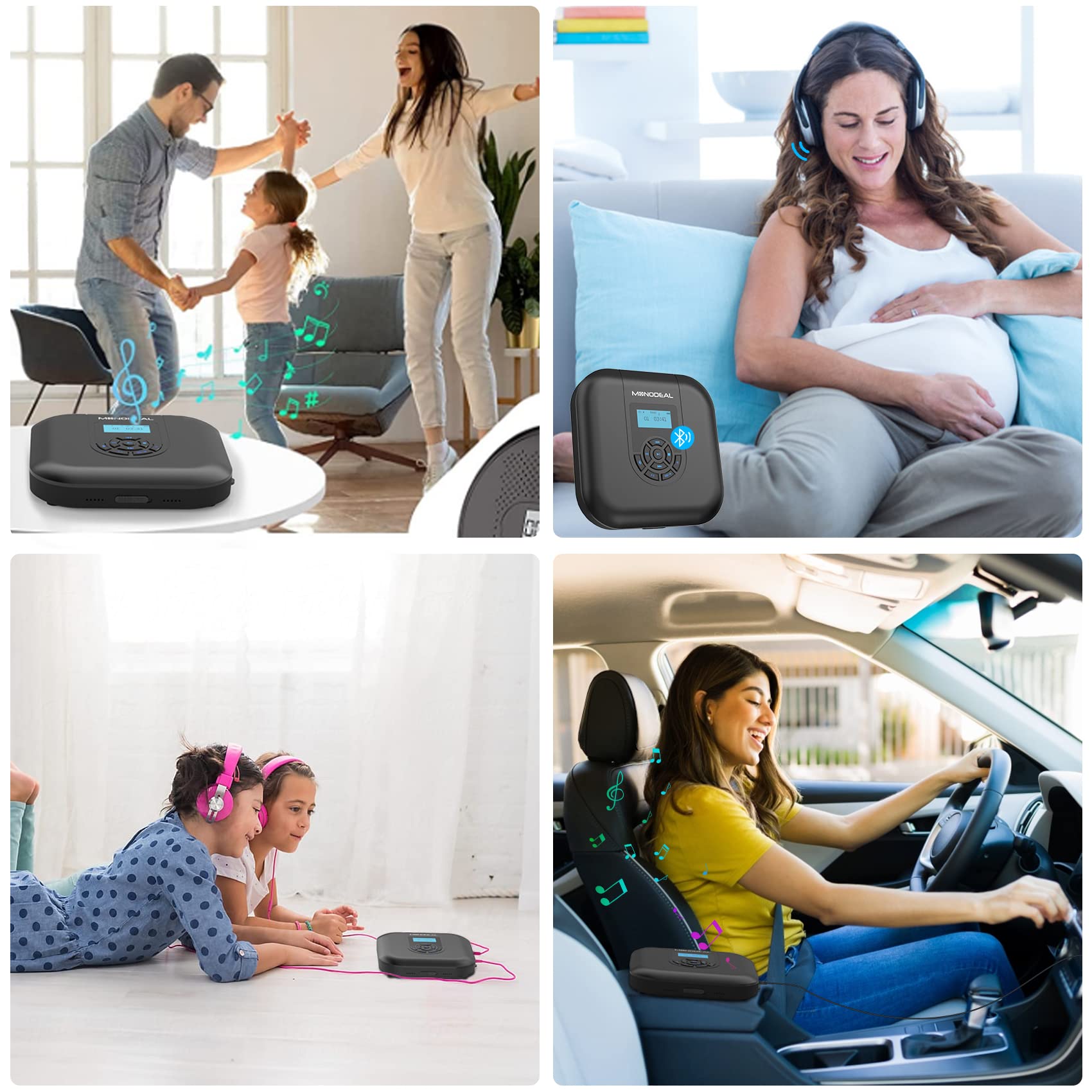 MONODEAL lecteur portable Bluetooth rechargeable avec haut-parleur et émetteur FM, CD pour voiture, petit lecteur antidérapant