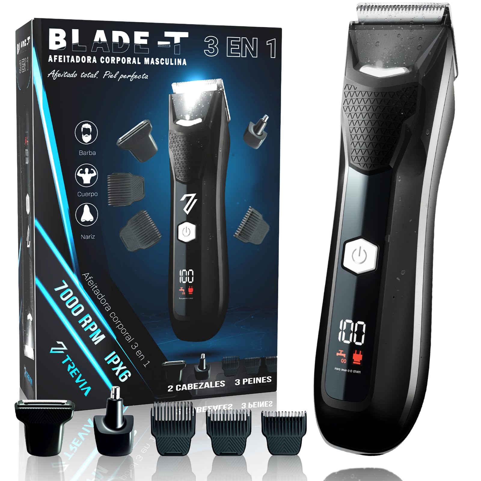 TREVIA® AFEITADORA CORPORAL MASCULINA 3 en 1 PROFESIONAL + 3 CABEZALES | Maquina de Afeitar Hombre | Depiladora Corporal Hombre | Recortadora de barba hombre | Cortapelos | Corte Ajustable +3 medidas