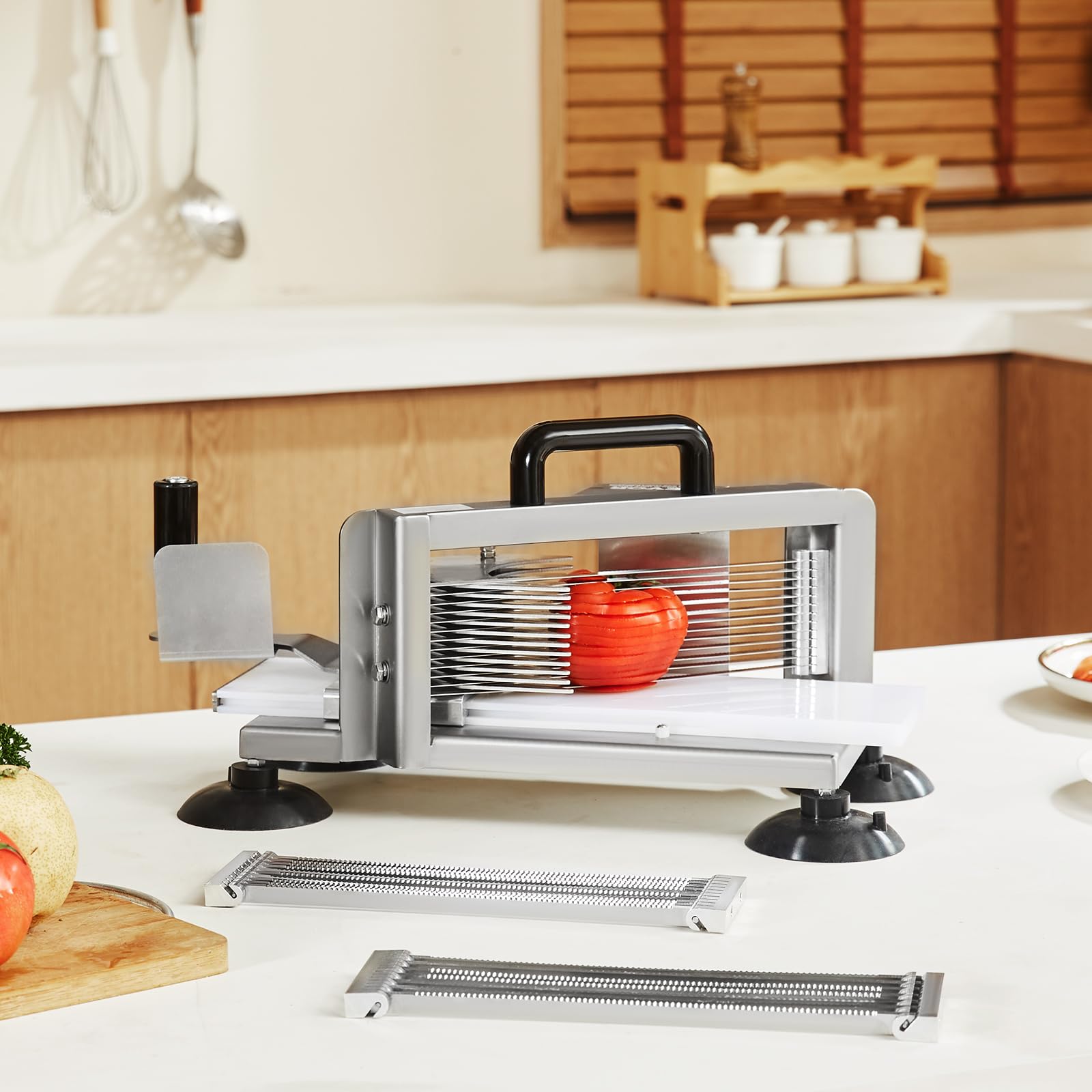 VEVOR Kommerzieller Tomatenschneider, 1/4 Zoll + 3/8 Zoll + 3/16 Zoll Tomatenschneider, Edelstahl, robust, manuell mit rutschfesten Füßen, schneidet Tomaten, Gurken, Bananen