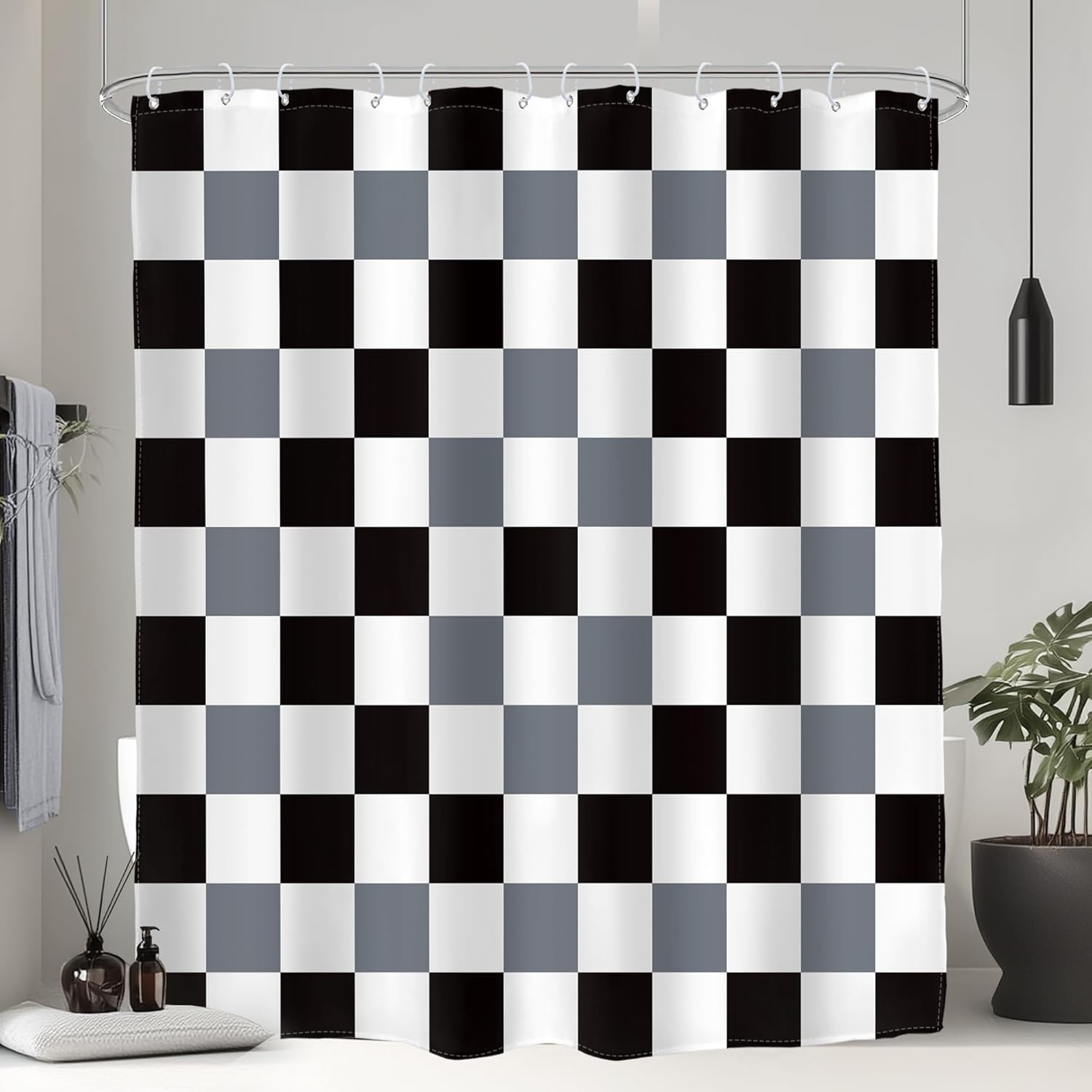Glawry Extra Long Retro Ombre Black Gray Checkered Shower Curtain Minimalist Checkboard Grid Classical Geometric Bathroom Modern Chic 72Wx84L Inches Bath Accessories Art Home Decor Fabric 12 Pack Hook