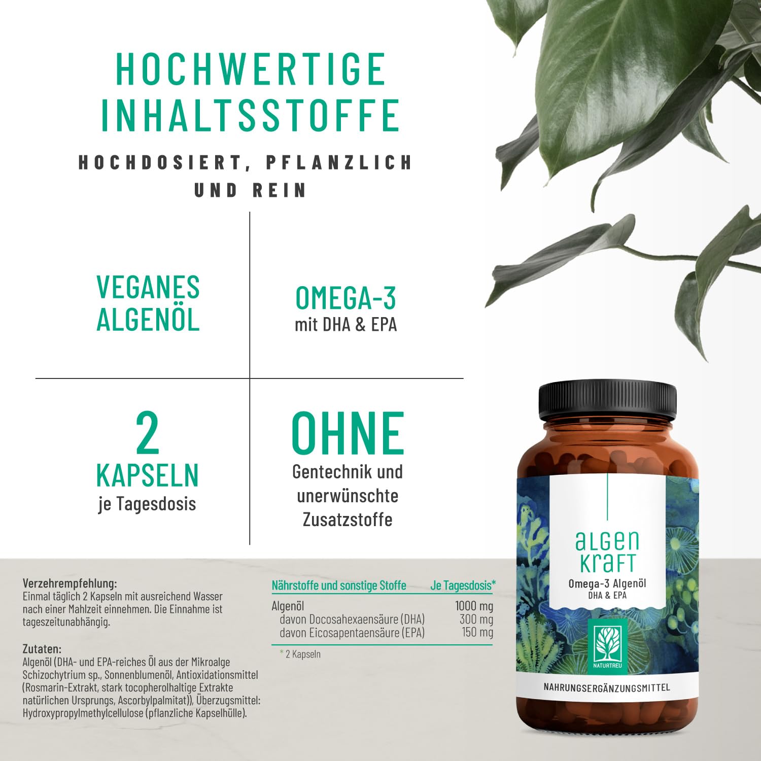 NATURTREU® Omega 3 Vegan aus Algenöl – 1000mg Omega 3 Algenöl aus nachhaltigen Kulturen - Mikroalgenöl hochdosiert DHA & EPA im optimalen Verhältnis - Omega 3 Kapseln - Laborgeprüft