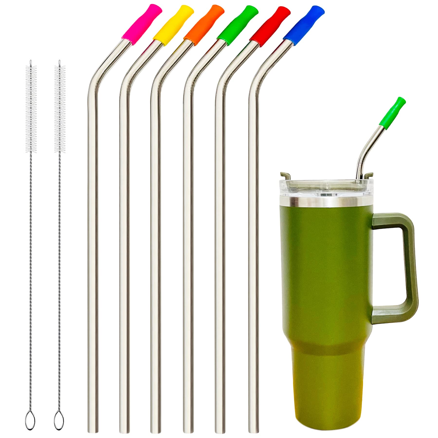 Wobye 6 Pack 13 Inch Extra Long 8mm Wide Reusable Bent Stainless Steel Metal Drinkging Straws for 32 oz 40 oz 64 oz Tumbler, with 2 Cleaning Brush & 6 Silicone Tips