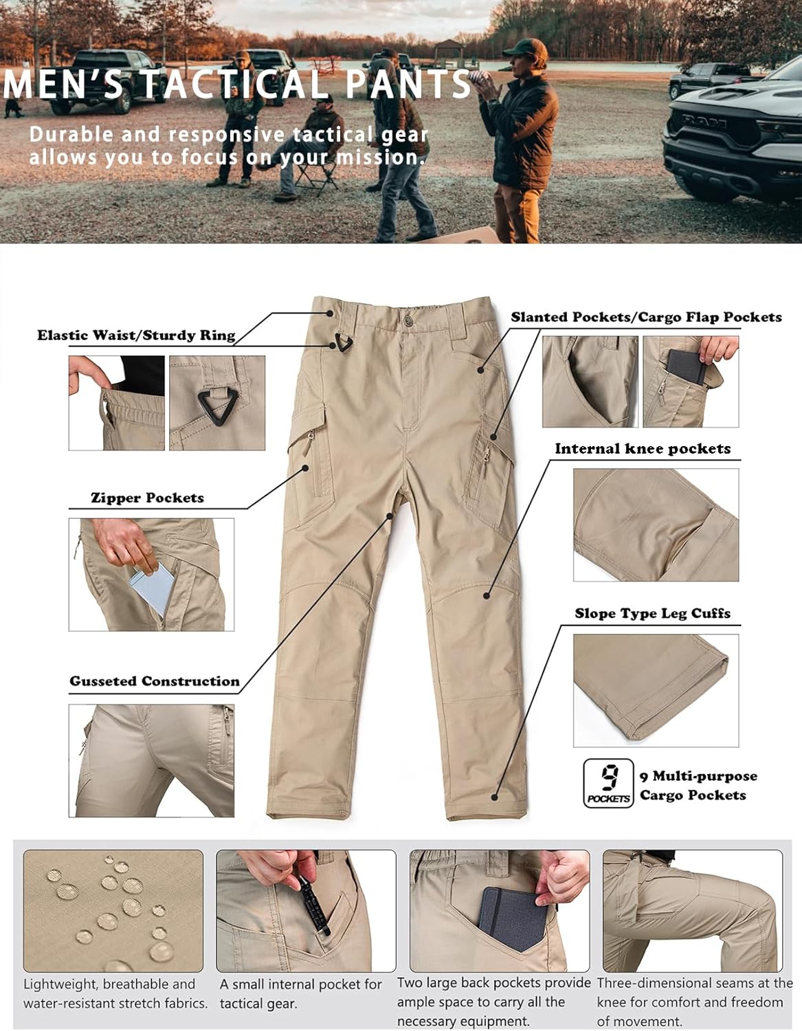 Men's Ripstop Tactical Pants Water Resistant Stretch Cargo Pants Lightweight EDC Hiking Work Pants - Image 6