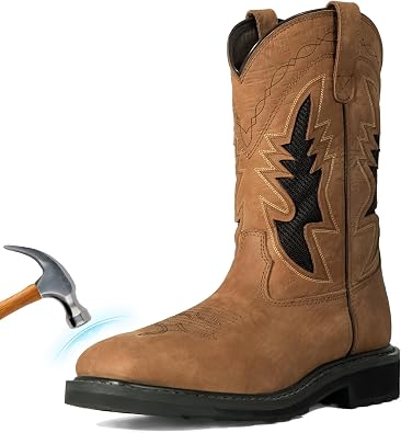 Steel Toe Cowboy Boots for Men - Puncture-Proof with EVA Mid-Sole, Breathable Leather GoodyearWelt, Anti-Slip Square Toe Work Boots, Mens Brown Western Boots for Construction, Farming Size 7-14
