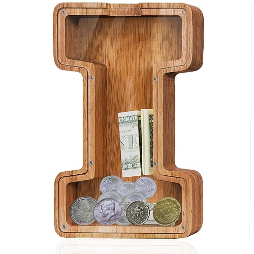 Vista 145 de Customized Name Large Wooden Piggy Bank for Boys Girls Alphabets Letter A-Z Coins Bills Money Change Bank Box Initial on Clear Cover