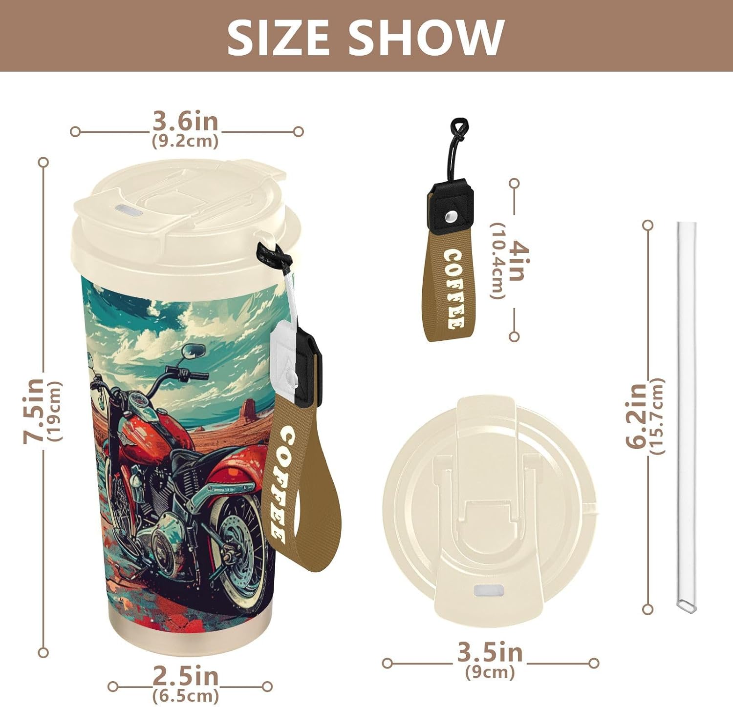 Insulated Coffee Mug Red Motorcycle Desert with Straw & Flip Lid, 16.9oz Iced Tumbler Cup, Double Wall Vacuum Mug for Travel Office Camping