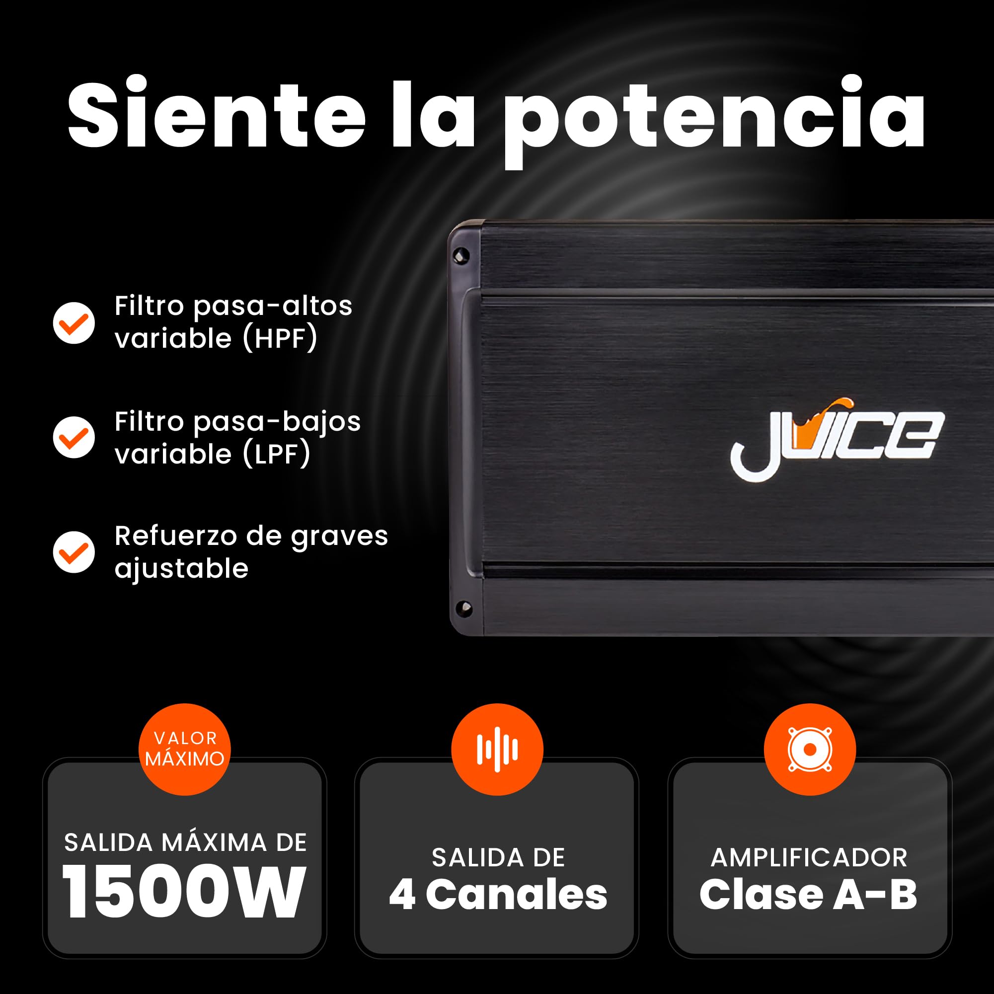 Juice Car Audio JA1504 - Amplificador de 4 canales para coche, 1500 W, 4 canales