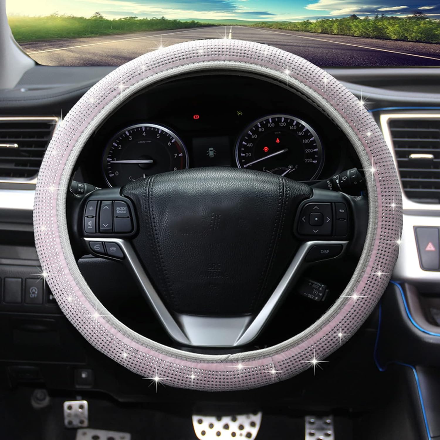 Lillenginan Bling Steering Wheel Cover, Bling Crystal Rhinestones Steering Wheel Cover Universal Fit 15 Inch Sparkling Car Wheel Protector Accessories for Women Girls, Pink&White