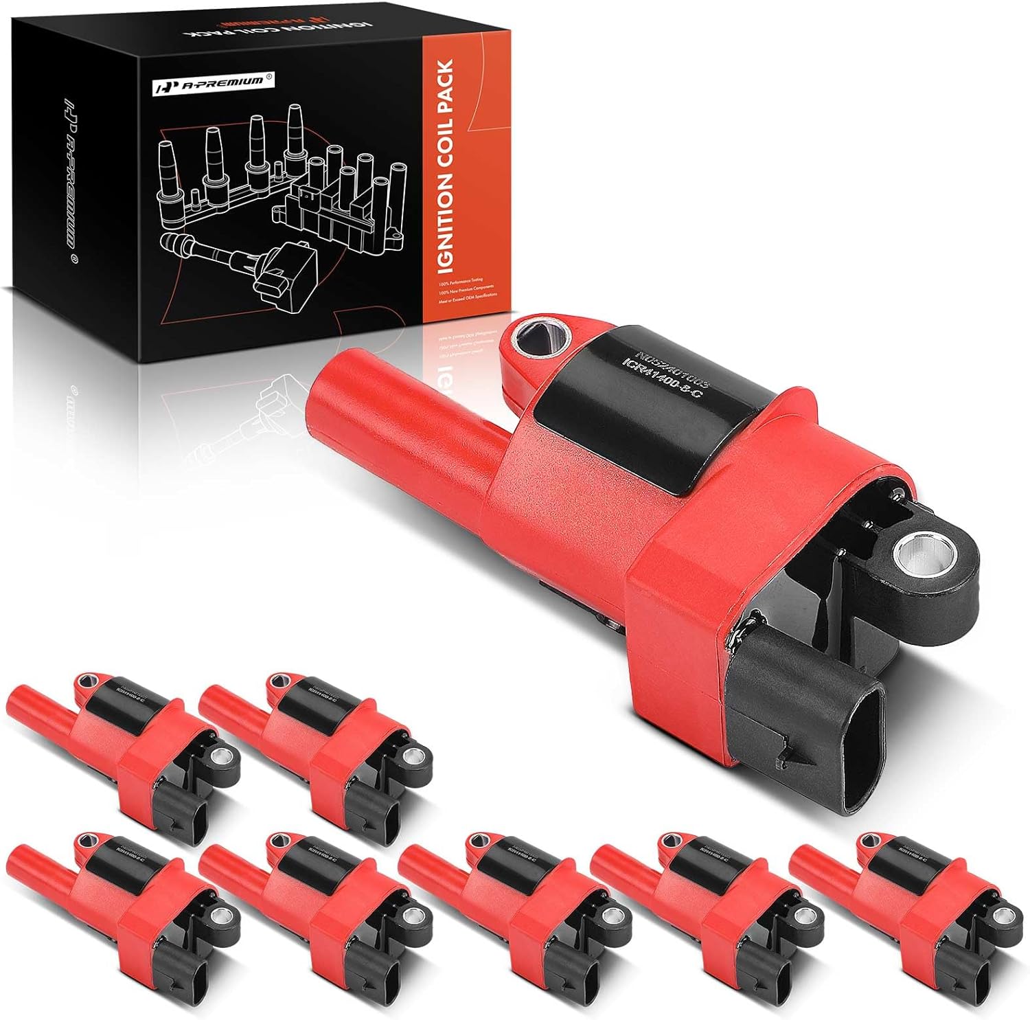 A-Premium (Red) Engine Ignition Coil Pack Compatible with Chevy Silverado 1500, Impala, Tahoe, Camaro, Colorado & GMC Sierra 2500 HD, Yukon & Buick LaCrosse & Cadillac Escalade & Isuzu NPR, 8-PC Set