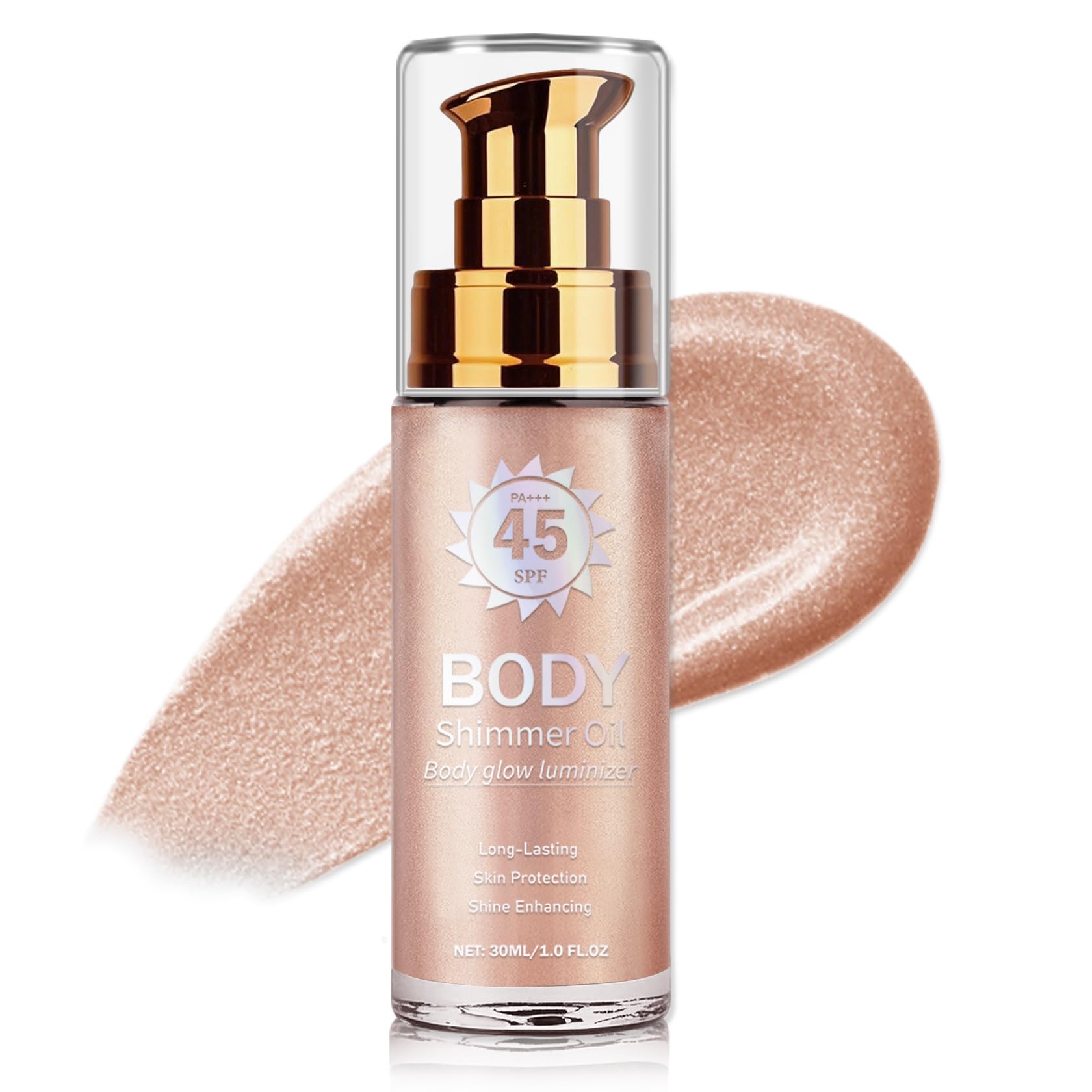 LZXLUKGIR Shimmer Body Oil Glitter Sunscreen SPF 45 Broad Spectrum Lightweight Moisturizing Body Glow Oil Water Resistant Glowing