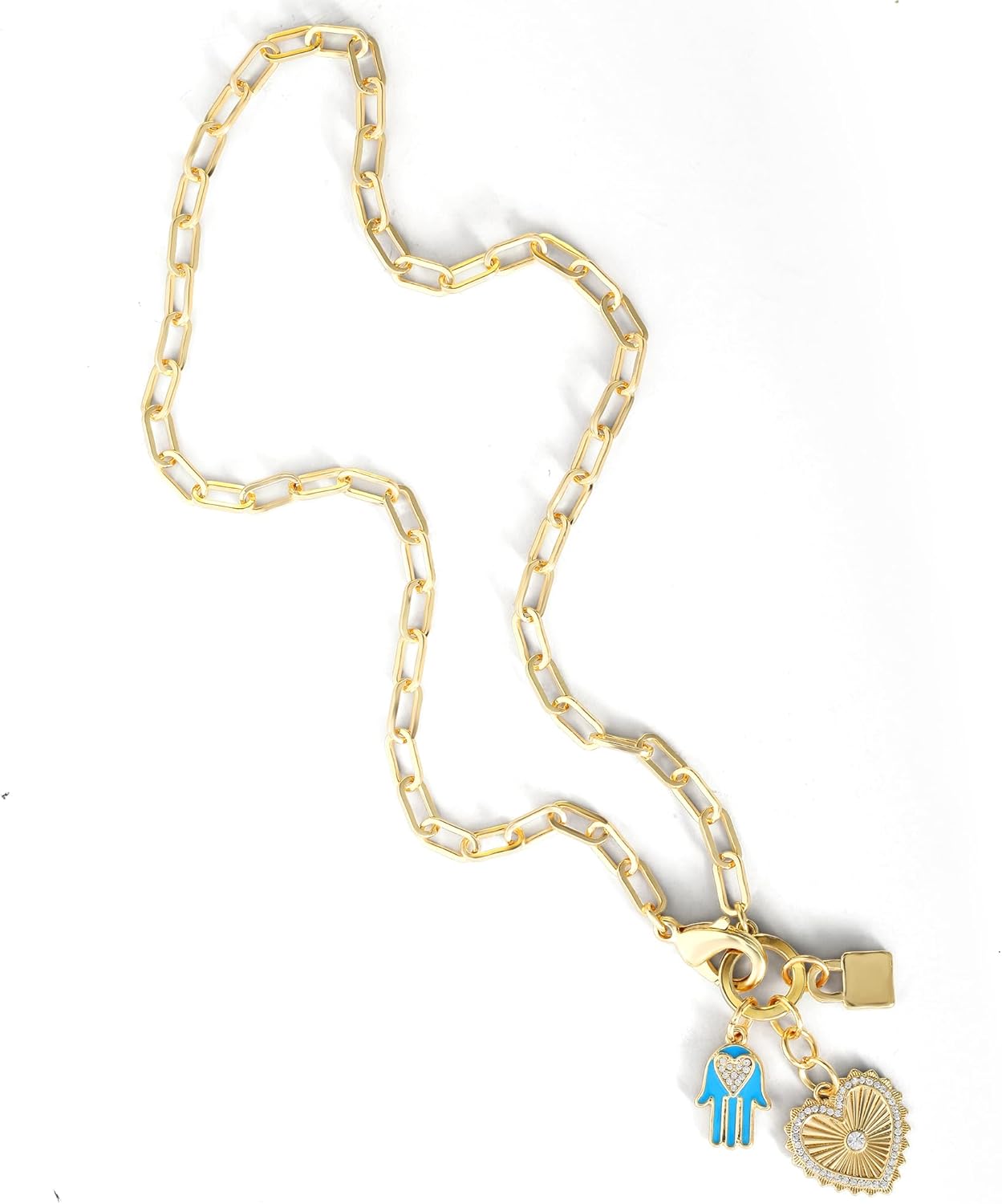 Jessica Simpson Womens Triple Charm Necklace 17" - Gold-Tone Necklace with Lock Charm and Heart Charms - Image 5