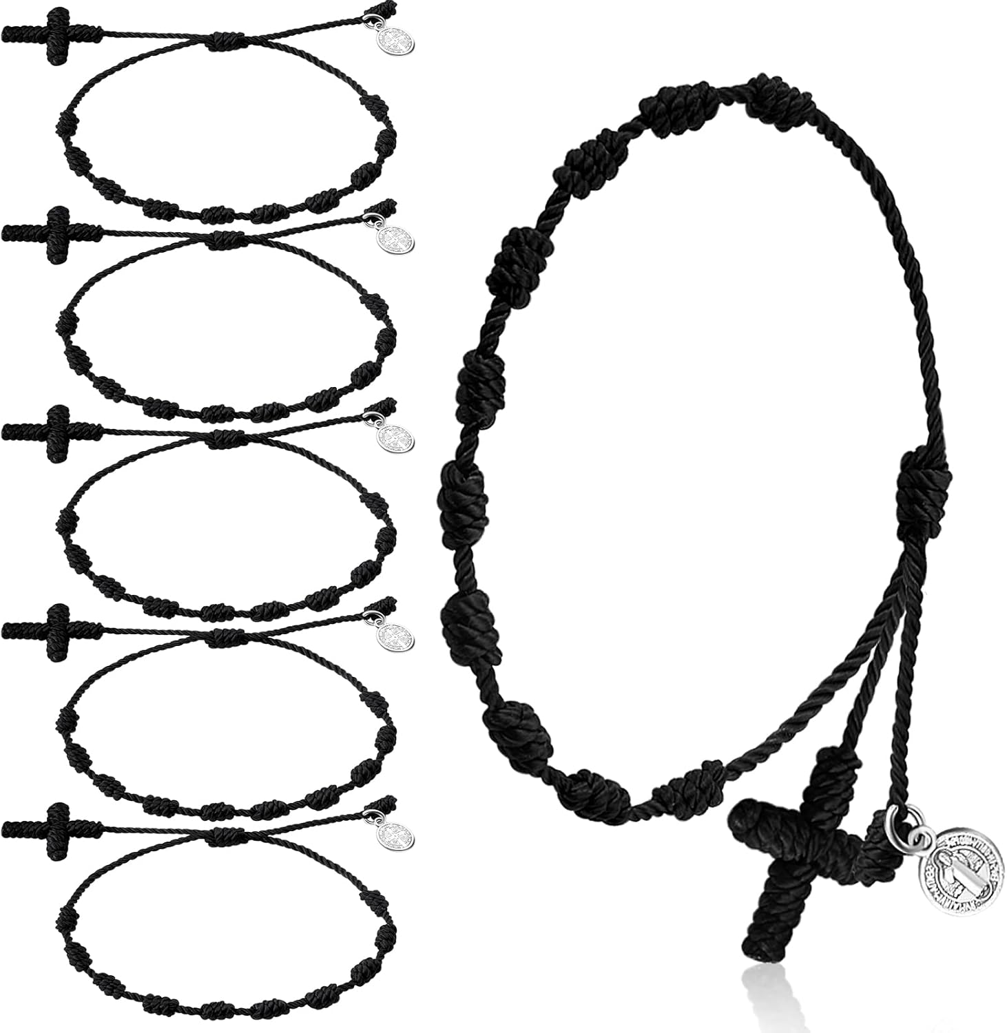 Yinkin Easter St Benedict Medal Rosary Bracelet Bulk Adjustable Knot String Braided Bracelet Baby Protection Mexican Bracelets with Mesh Bags for Easter Gifts Women Men Girls Boys