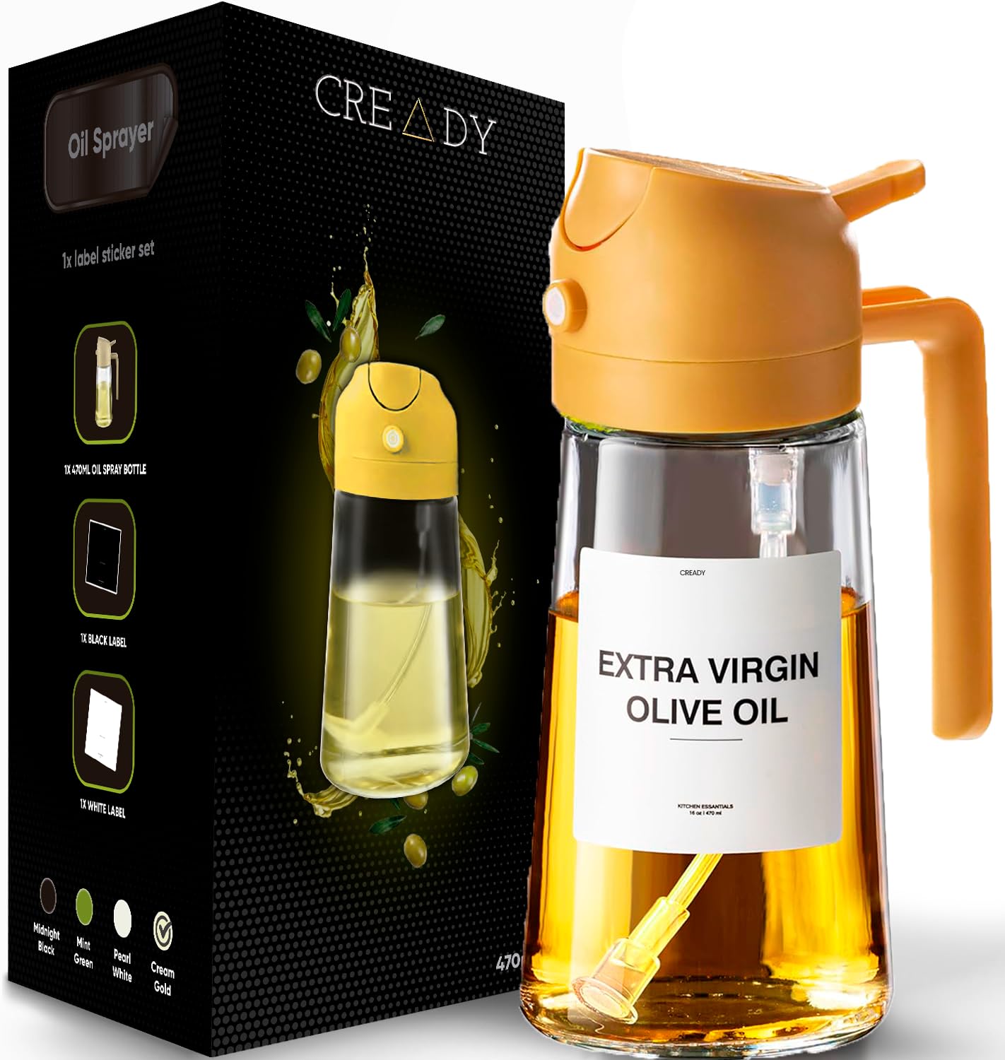 CREADY | Pulverizador de aceite de cocina de 470 ml botella de aceite de oliva | Dispensador de aceite 2 en 1 y pulverizador de aceite | Botella pulverizadora de aceite para cocinar | Pulverizador de