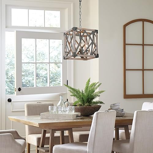 Miniatura 3 de 4 luces colgantes de metal negro de madera para isla de cocina, jaula cuadrada moderna de granja rústica para comedor, lámpara de araña rectangular