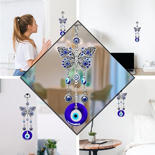Miniatura 7 de Decoración colgante de ojo malvado azul con amuleto nazar para colgar en la pared, protección del hogar y decoración de bendición (mariposa-A)