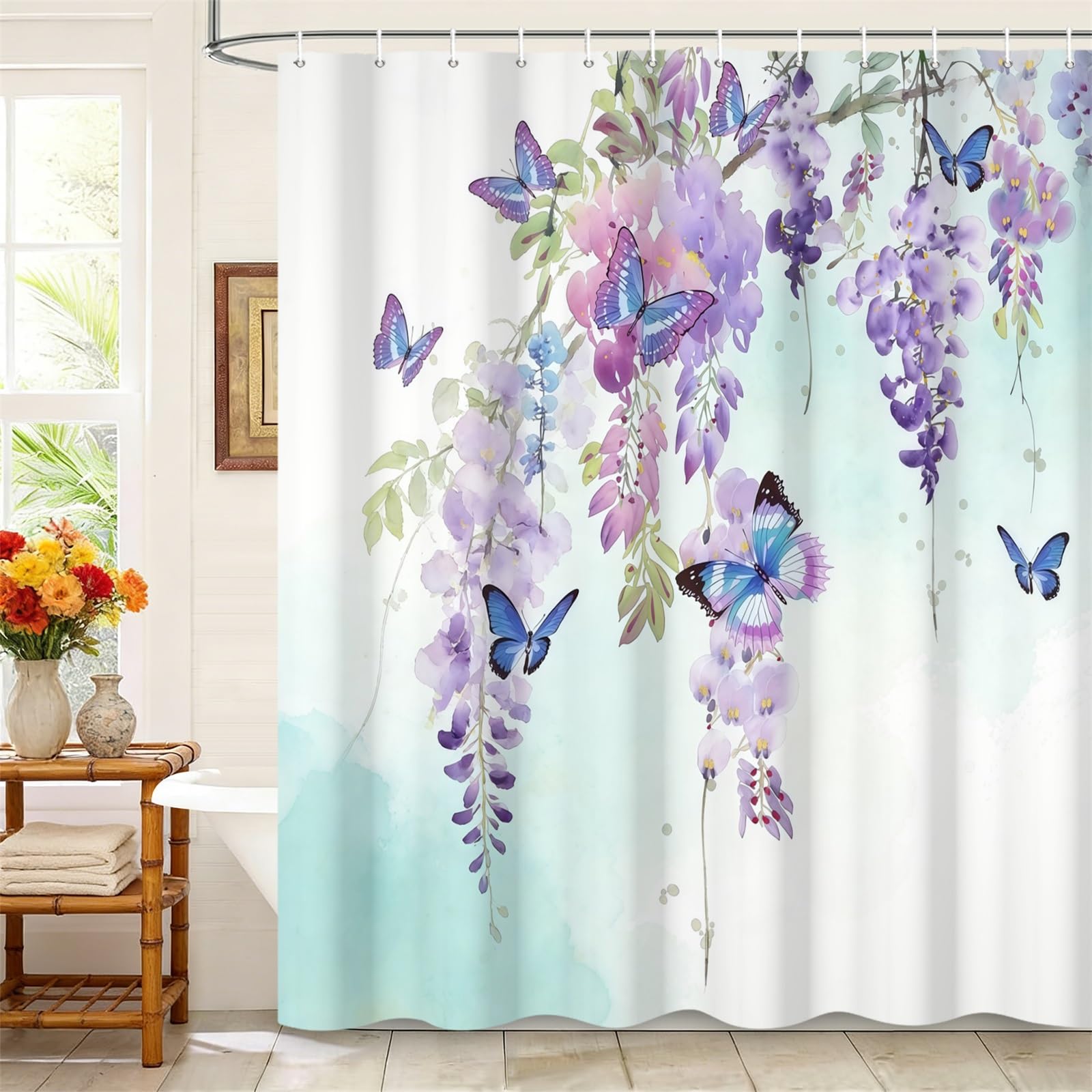 Kzzfqxb 90x183cm Floral Shower Curtains with Plastic Hooks, Refreshing Hanging Vine Branches with Purple Flowers and Butterflies Waterproof for Bathtub, Beautiful Polyester Fabric for Girls Bathroom