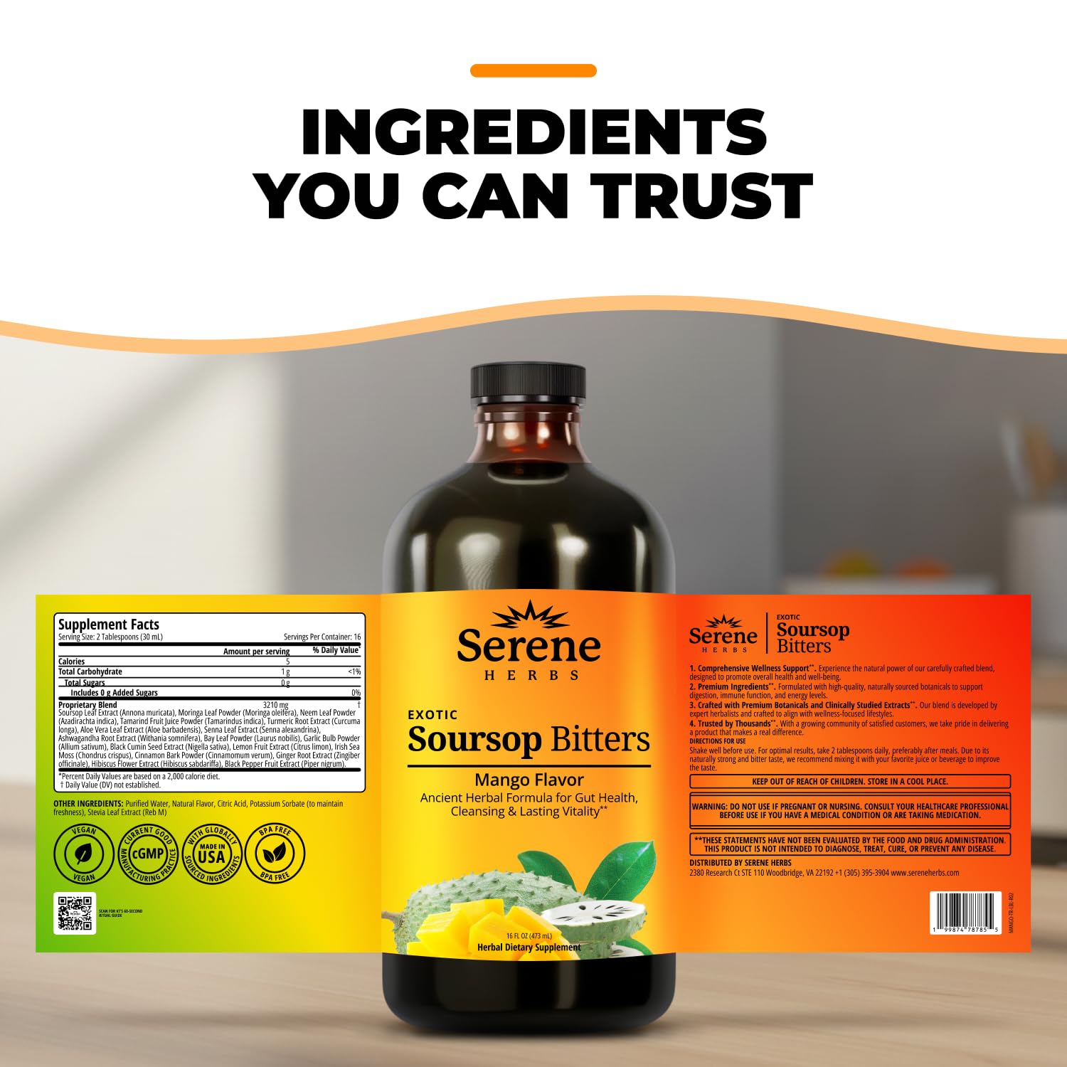Serene Herbs Soursop Bitters Liquid with Soursop Leaves for Gut Cleanse, Detox & Immune Boost with Black Seed, Moringa, Irish Moss, Ashwaganda, Turmeric, 16 Fl Oz (Pack of 1), Mango — Amazon image 6