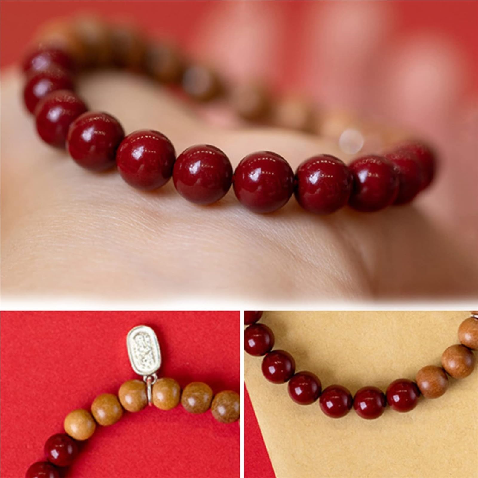 Pulsera de madera de cinabrio natural para mujer, amuleto de buena suerte Feng Shui, joyería de cuarzo de cristal Reiki para prosperidad
