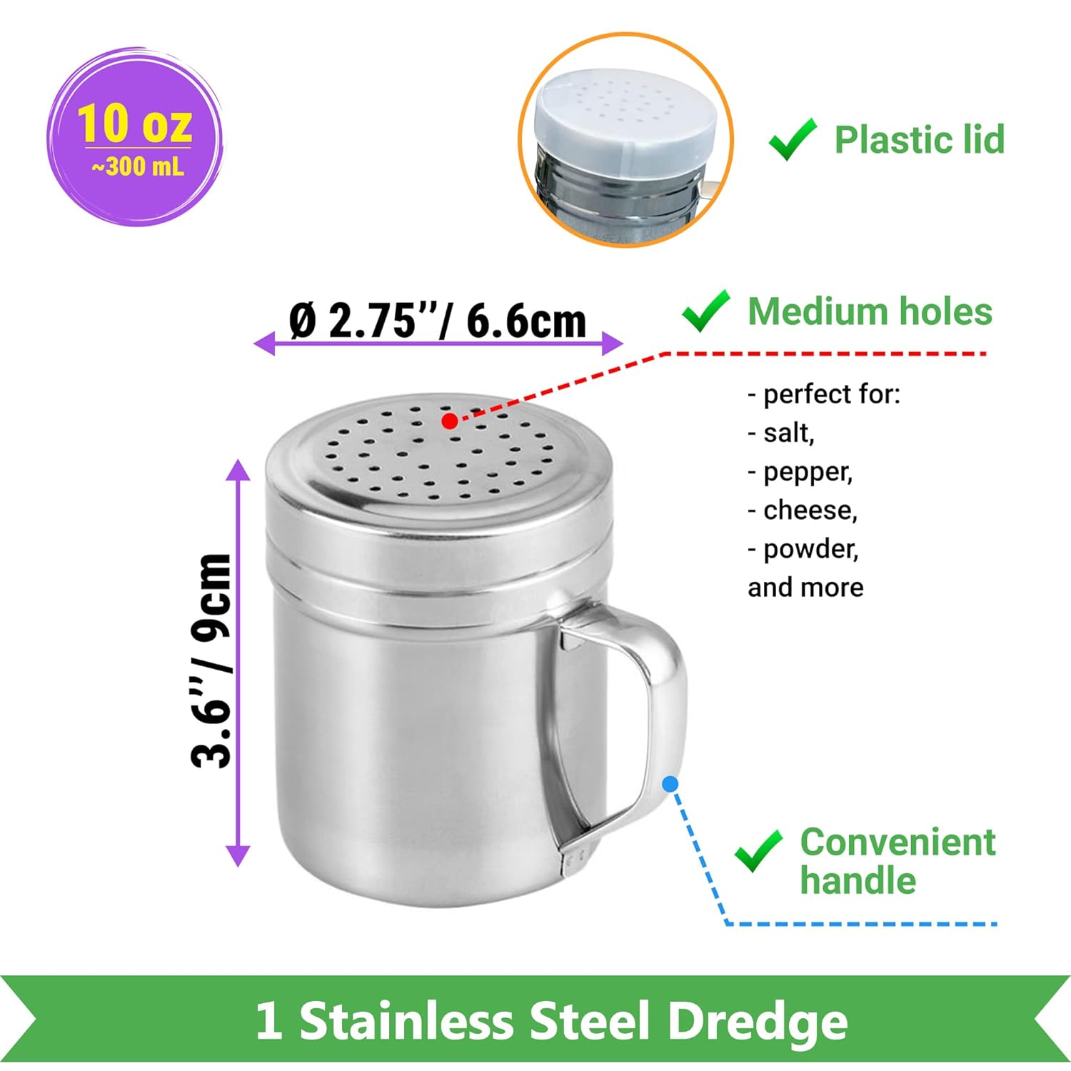 12 ounce Aluminium Popcorn Scoop + 10 oz of each Stainless Steel Salt Pepper Dredge + Seasonings Spice Shaker with Adjustable Fan-Style Lid and Handle Bundle