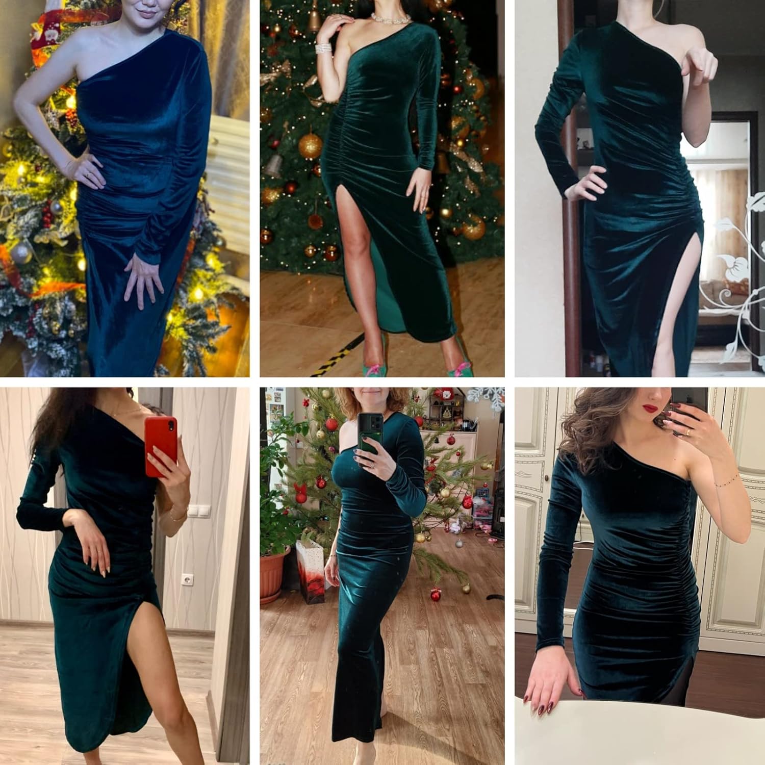 Women's Sexy One Shoulder Long Sleeve Midi Dress Elegant Velvet Bodycon Ruched Slit Cocktail Evening Dress - Image 4