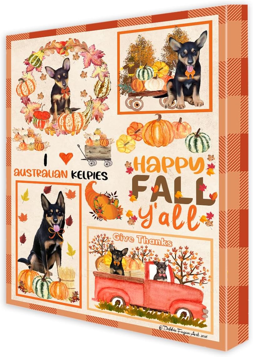 Doggie of the Day Fall Y'All with Australian Kelpie Dogs Canvas Wall Art - Premium Quality Ready to Hang Room Decor - Flat Rolled 11" x 14"